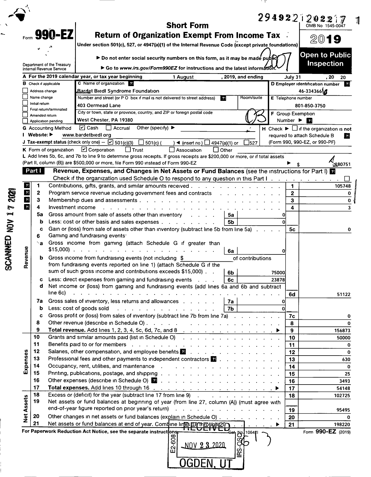 Image of first page of 2019 Form 990EZ for Bardet Biedl Syndrome Foundation