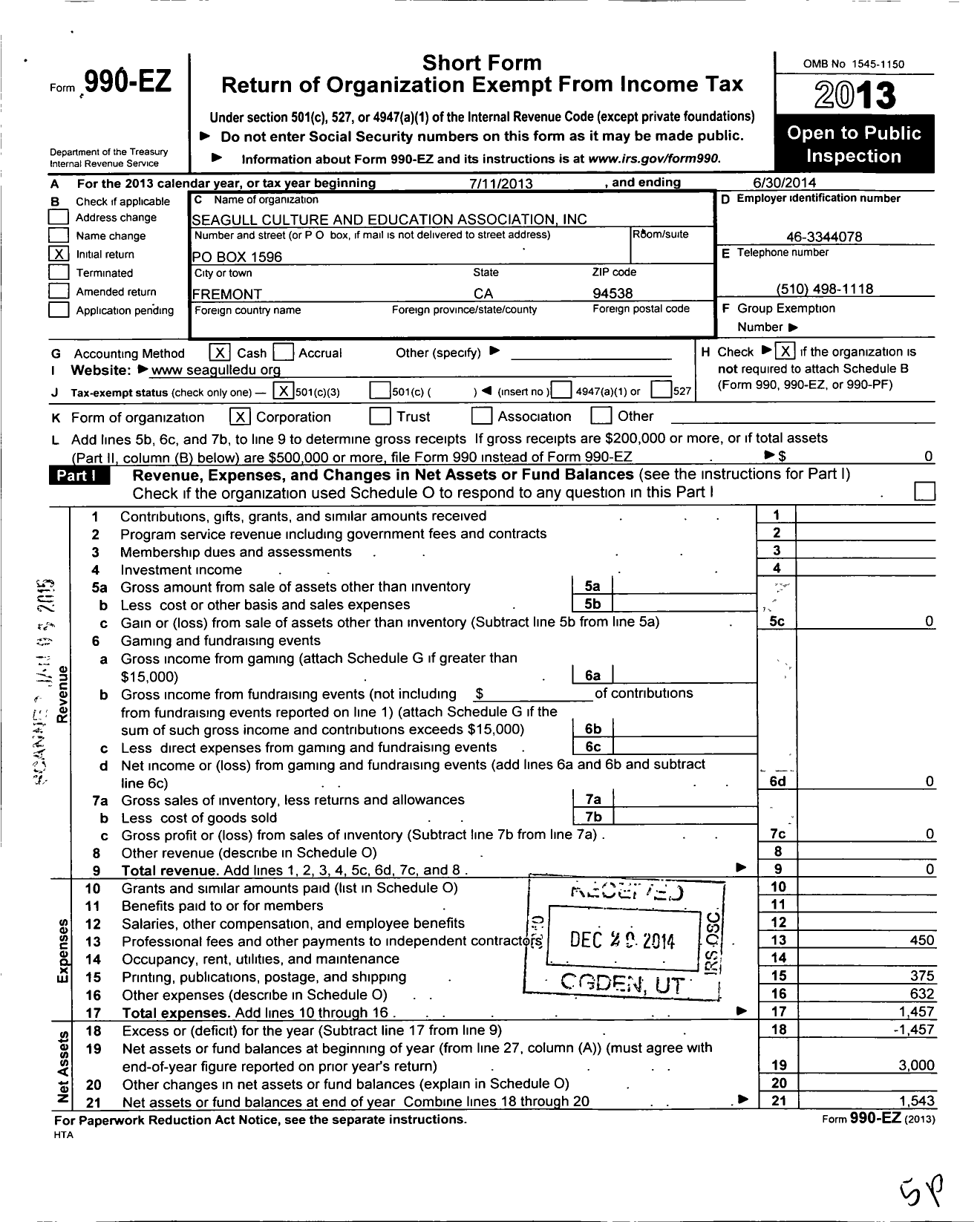 Image of first page of 2013 Form 990EZ for Seagull Culture and Education Association