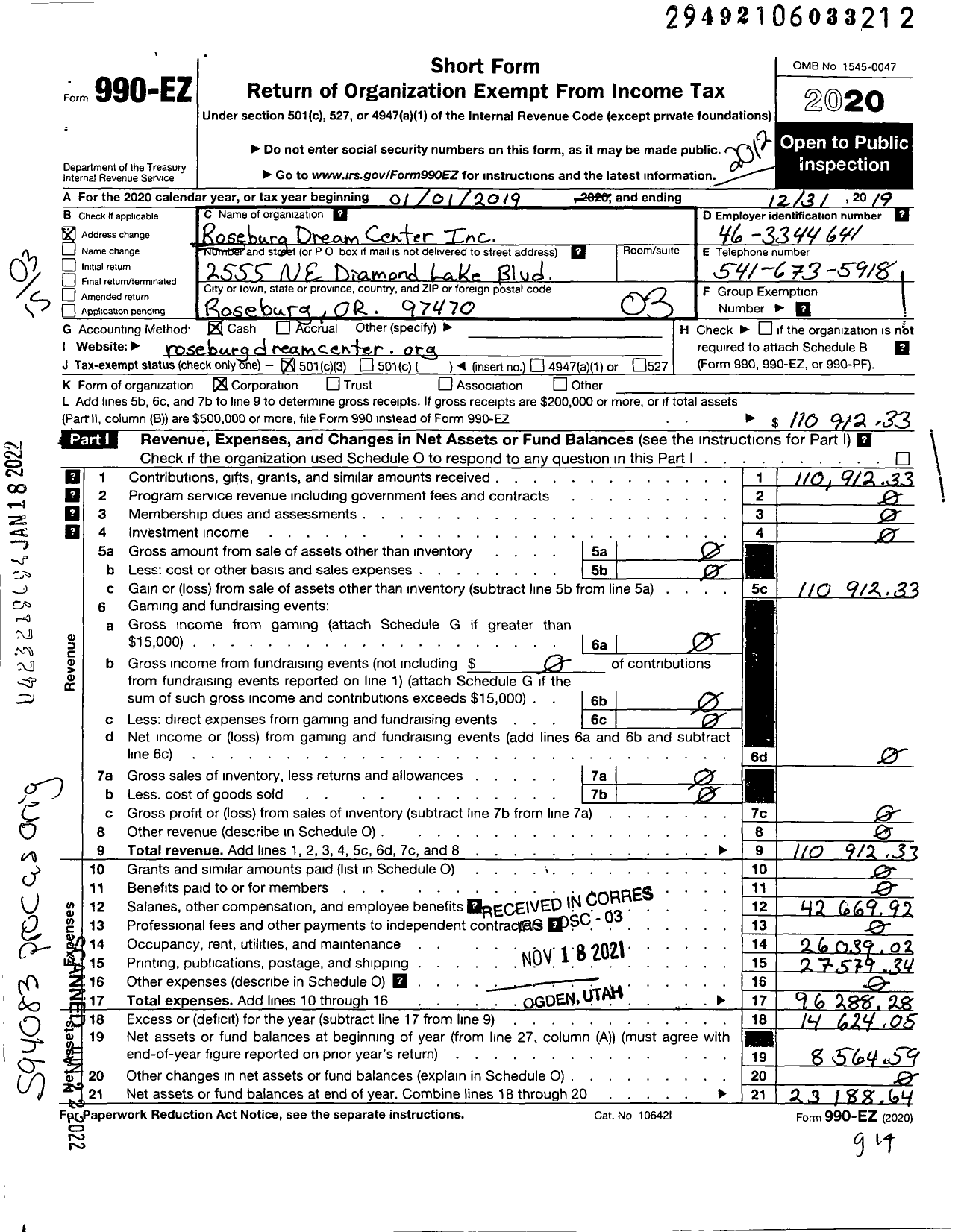 Image of first page of 2020 Form 990EZ for Roseburg Dream Center