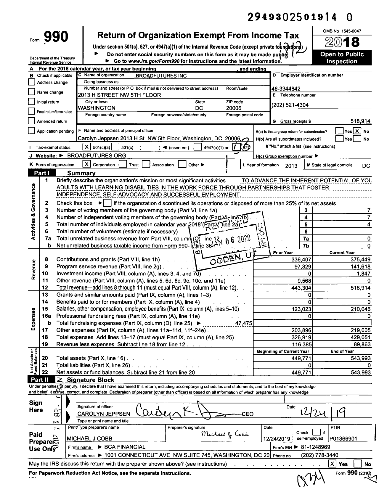 Image of first page of 2018 Form 990 for BroadFutures
