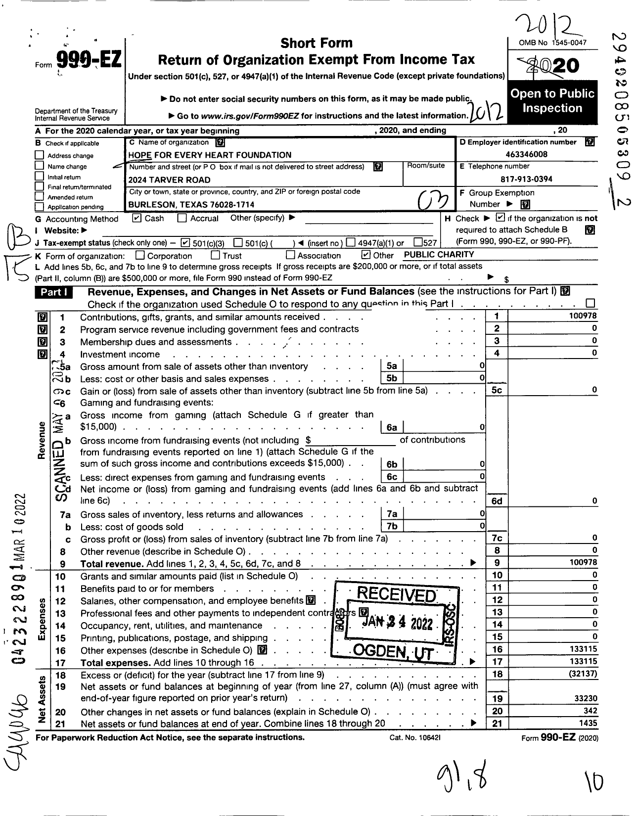 Image of first page of 2020 Form 990EZ for Hope for Every Heart Foundation