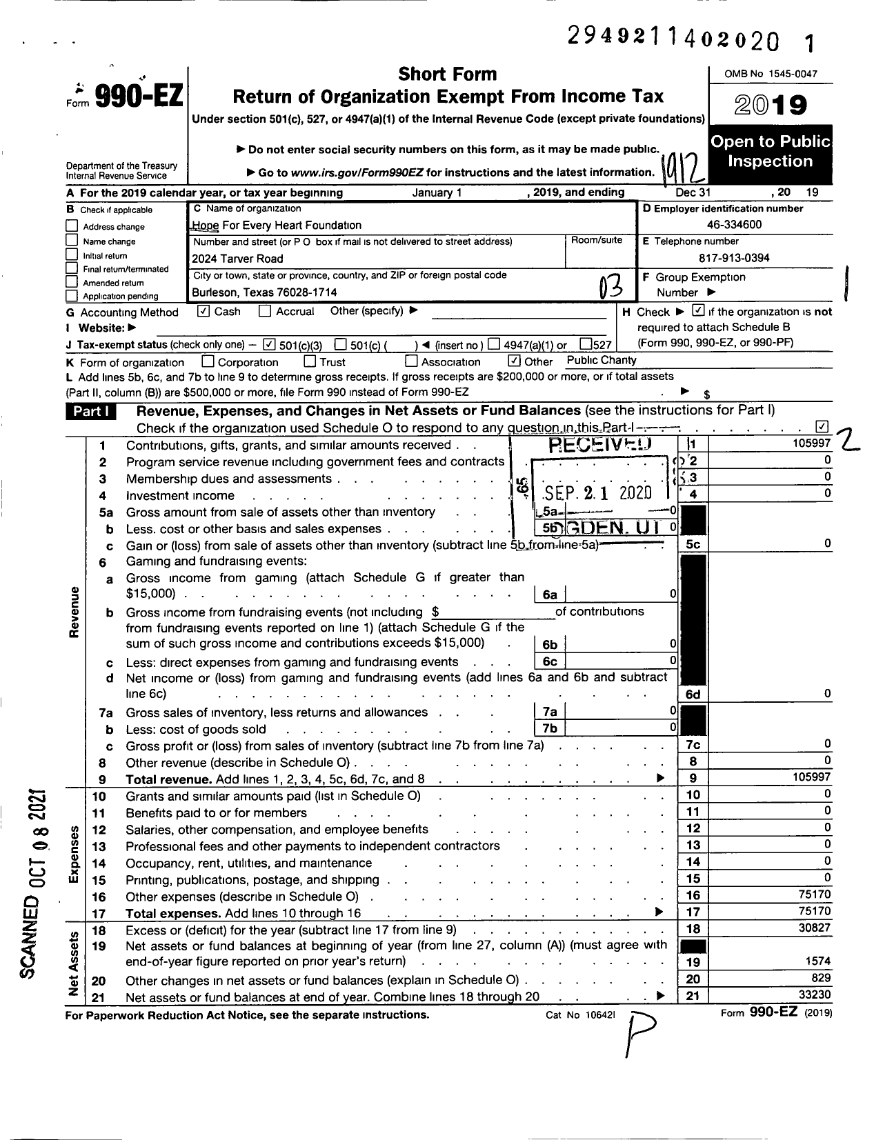 Image of first page of 2019 Form 990EZ for Hope for Every Heart Foundation