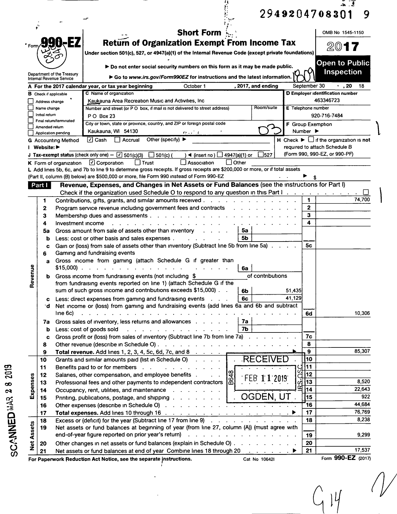 Image of first page of 2017 Form 990EZ for Kaukauna Area Recreation Music and Activities