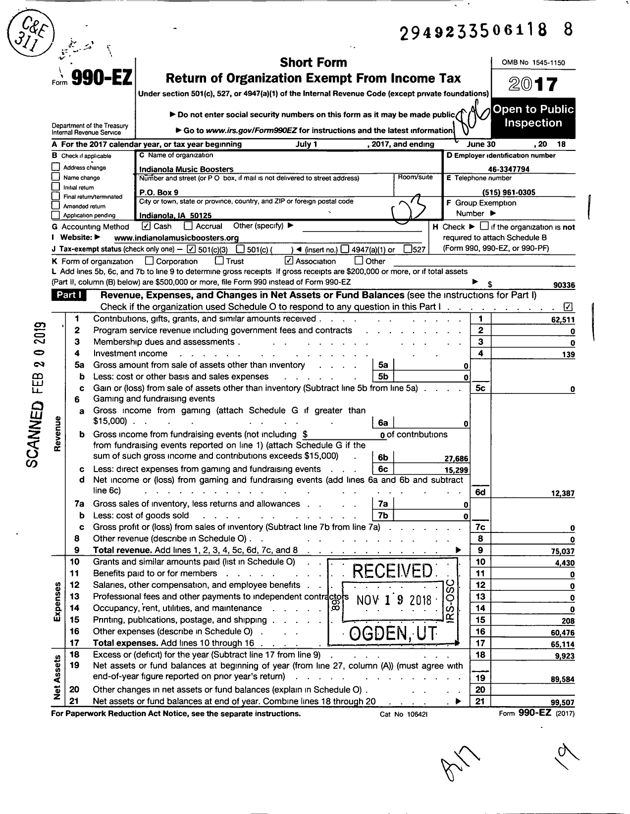 Image of first page of 2017 Form 990EZ for Indianola Music Boosters