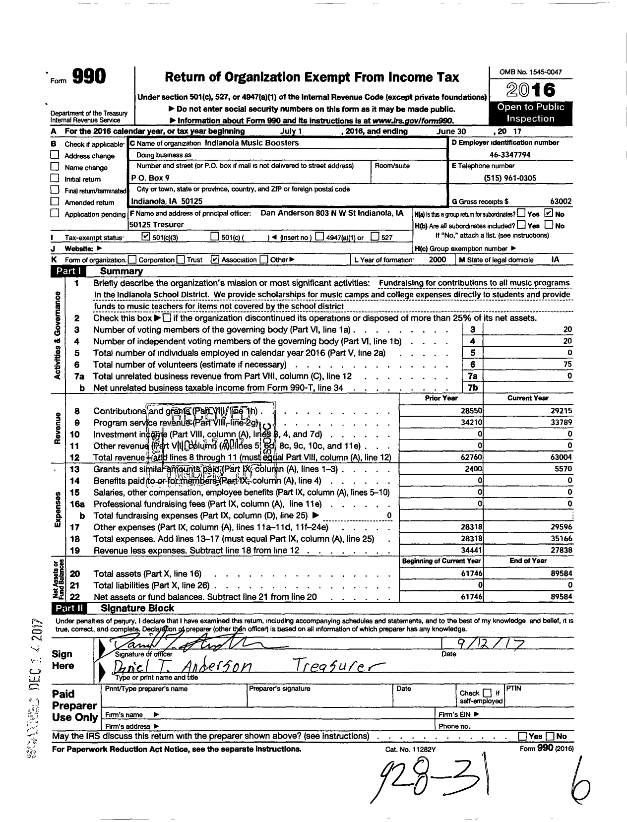 Image of first page of 2016 Form 990 for Indianola Music Boosters