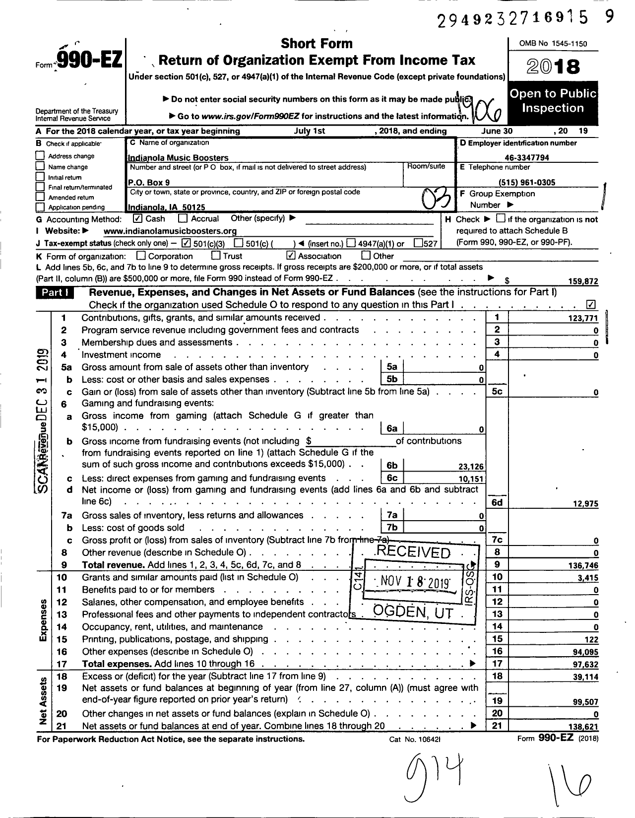 Image of first page of 2018 Form 990EZ for Indianola Music Boosters