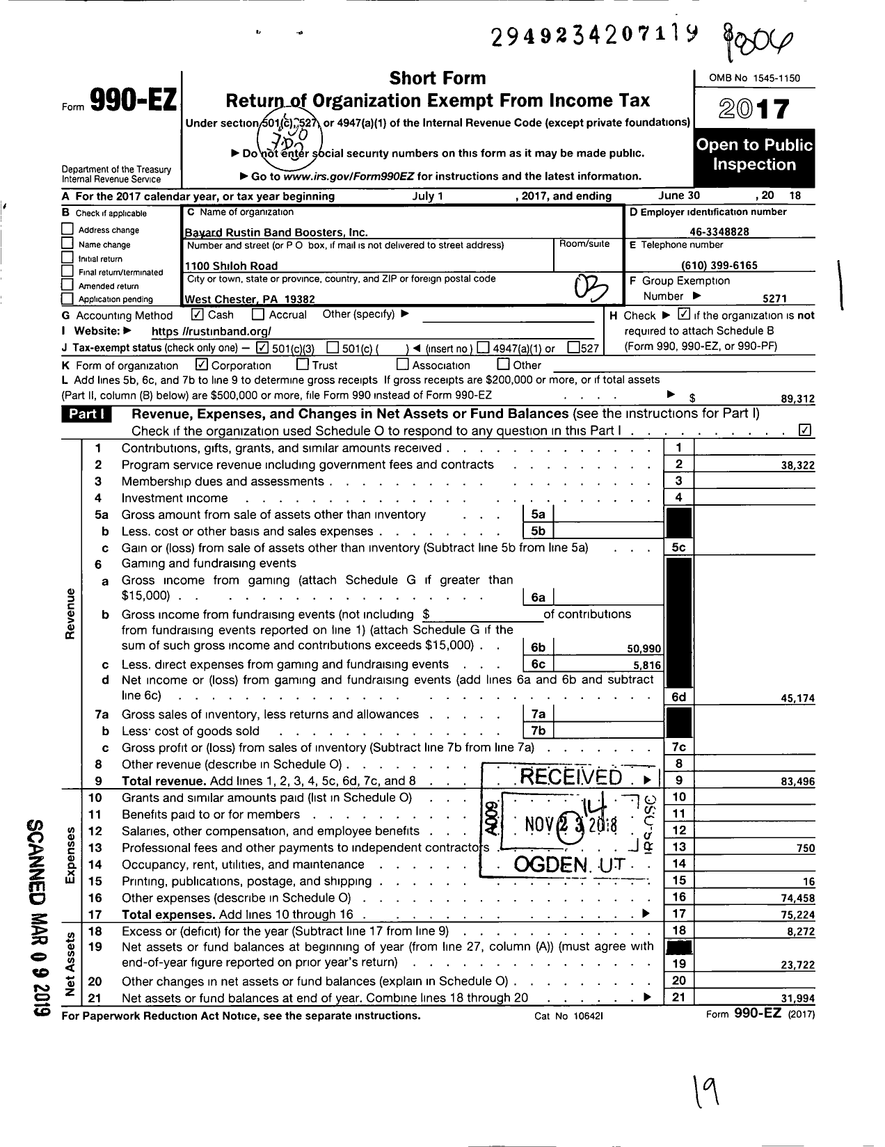 Image of first page of 2017 Form 990EZ for Bayard Rustin Band Boosters