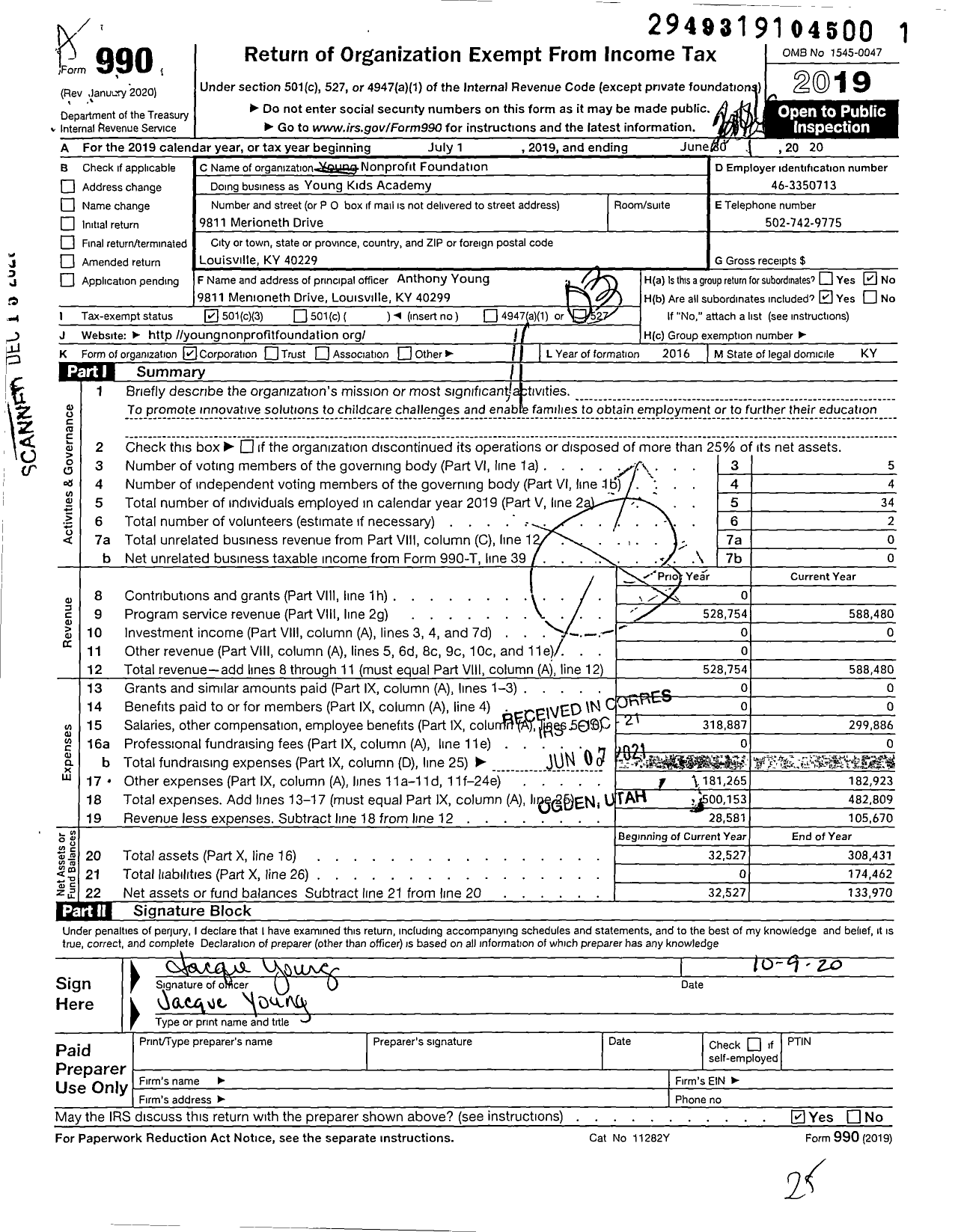 Image of first page of 2019 Form 990 for Young Nonprofit