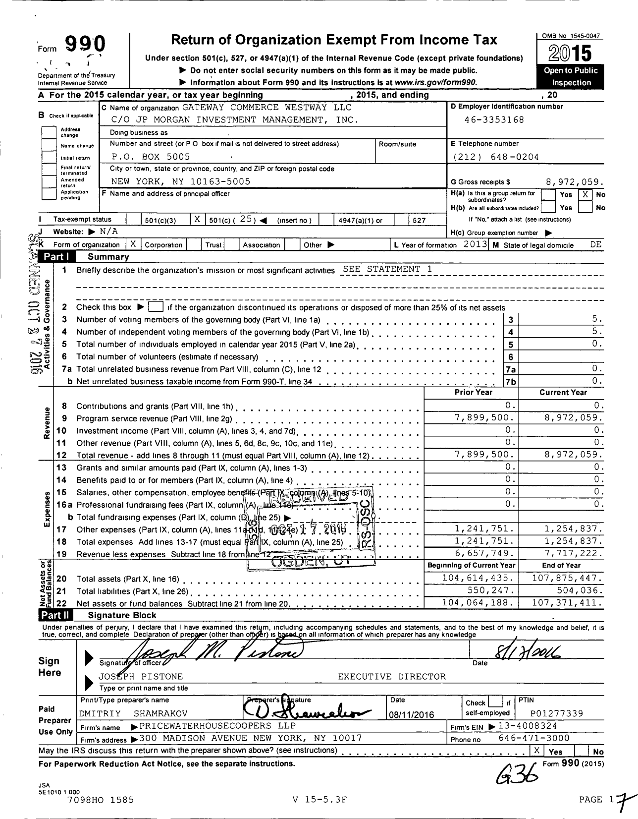 Image of first page of 2015 Form 990O for Gateway Commerce Westway LLC