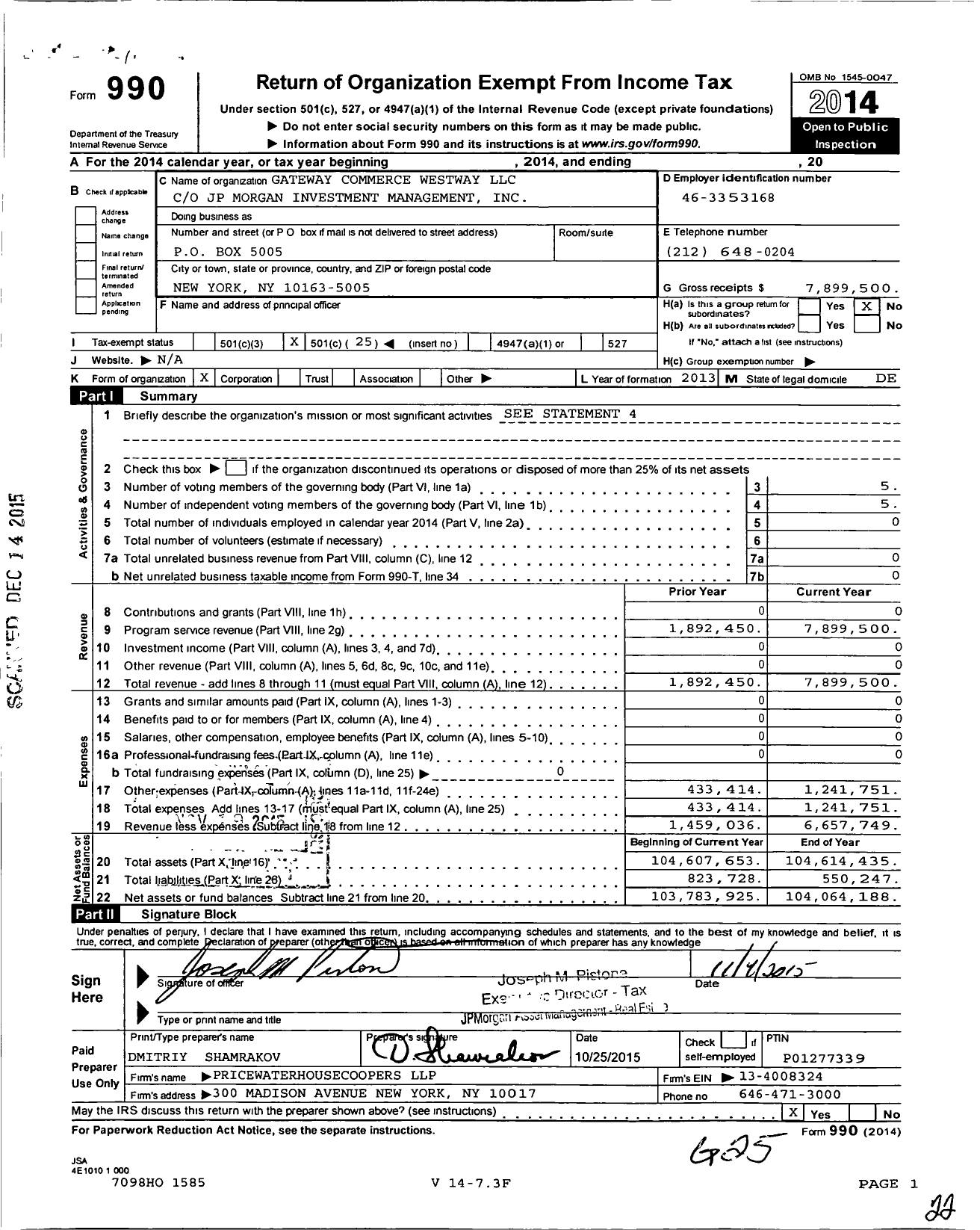 Image of first page of 2014 Form 990O for Gateway Commerce Westway LLC