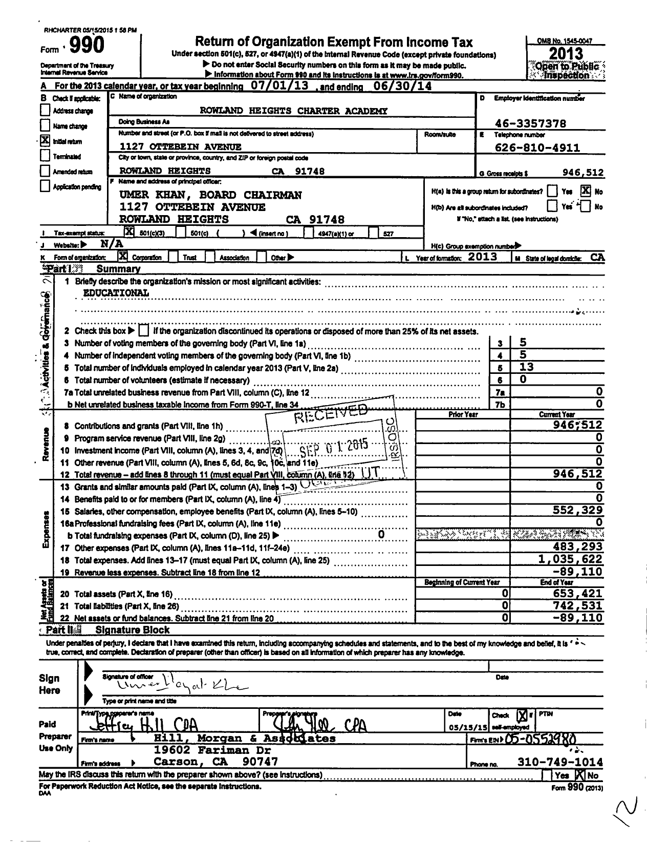 Image of first page of 2013 Form 990 for Rowland Heights Charter Academy