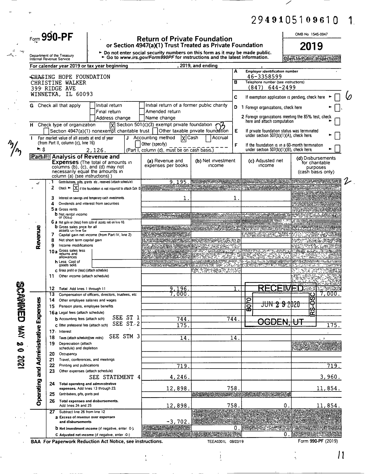 Image of first page of 2019 Form 990PF for Chasing Hope Foundation Christine Walker