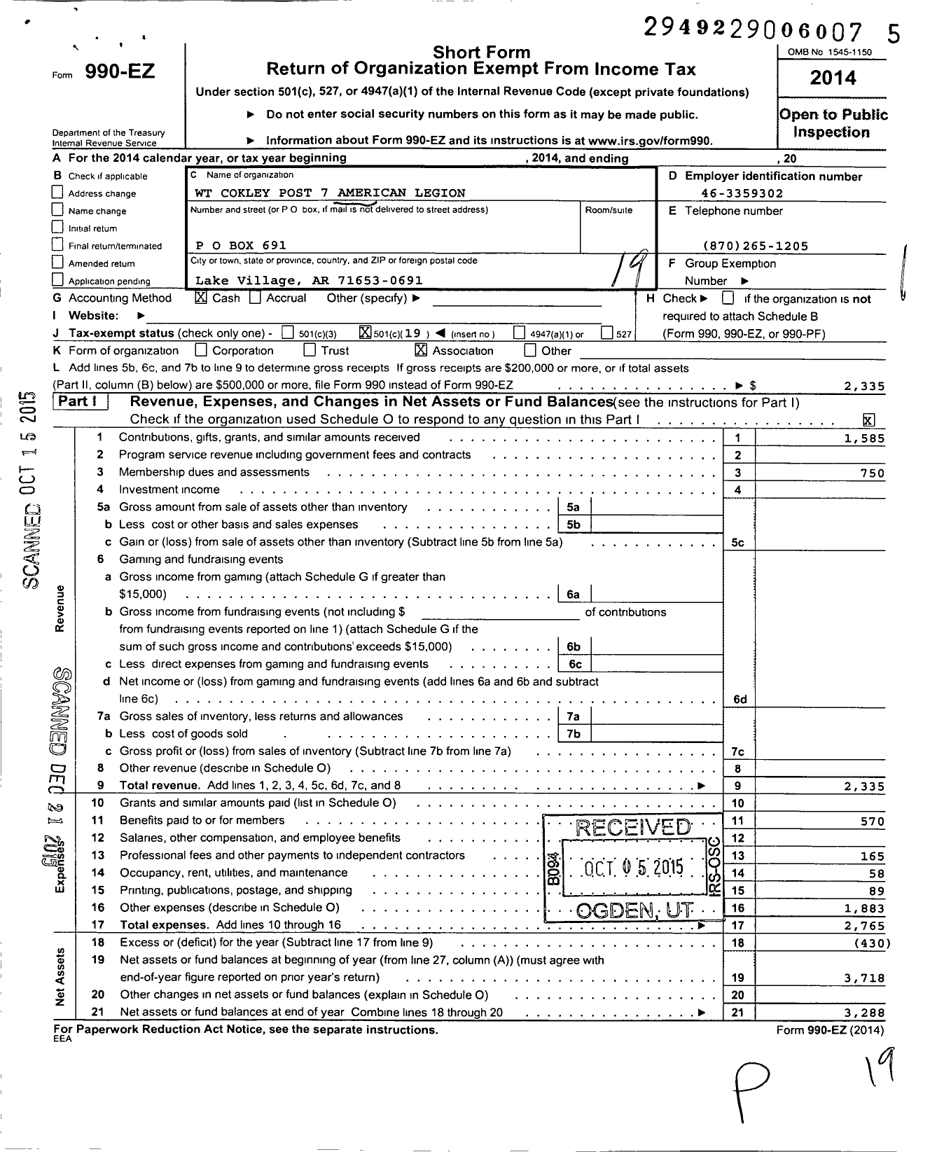 Image of first page of 2014 Form 990EO for American Legion - 0007 W T Cokley