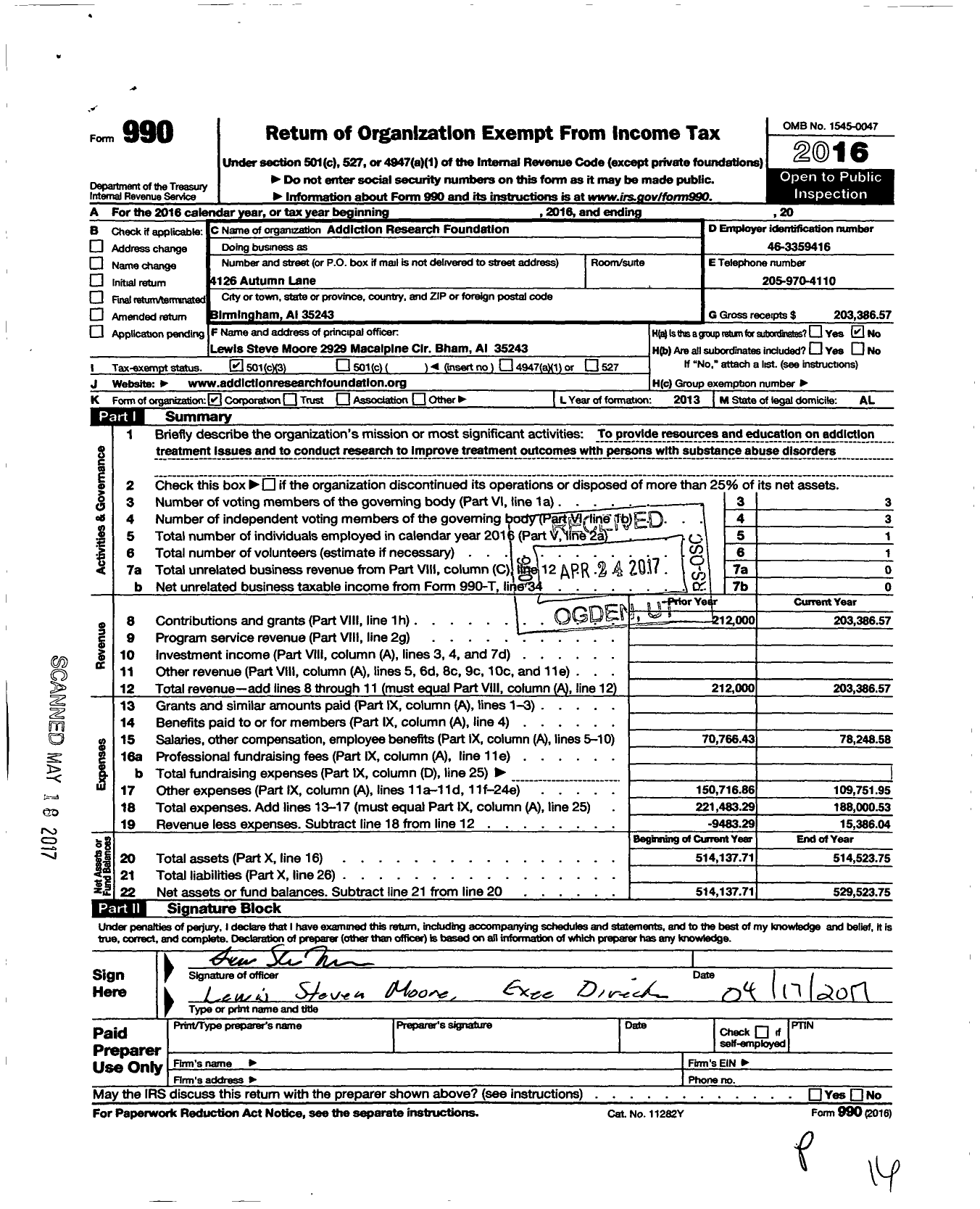 Image of first page of 2016 Form 990 for Addiction Research Foundation