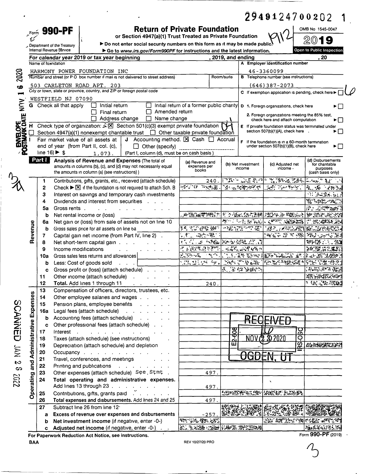 Image of first page of 2019 Form 990PF for Harmony Power Foundation