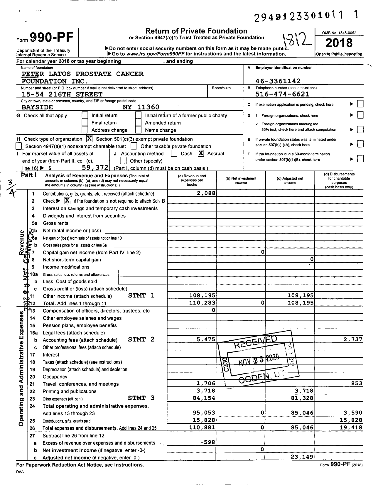 Image of first page of 2018 Form 990PF for Peter Latos Prostate Cancer Foundation