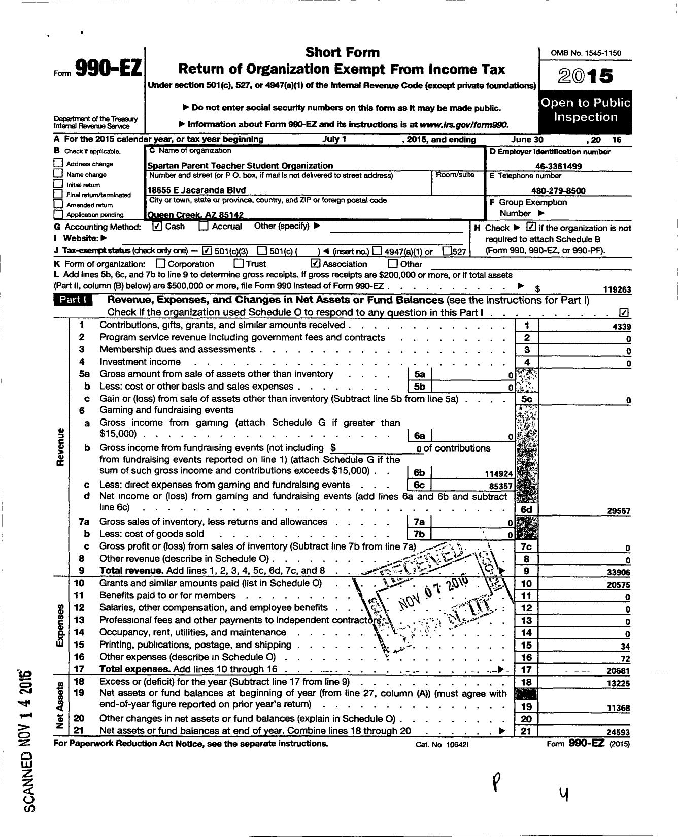 Image of first page of 2015 Form 990EZ for Spartan Parent Teacher Student Organization