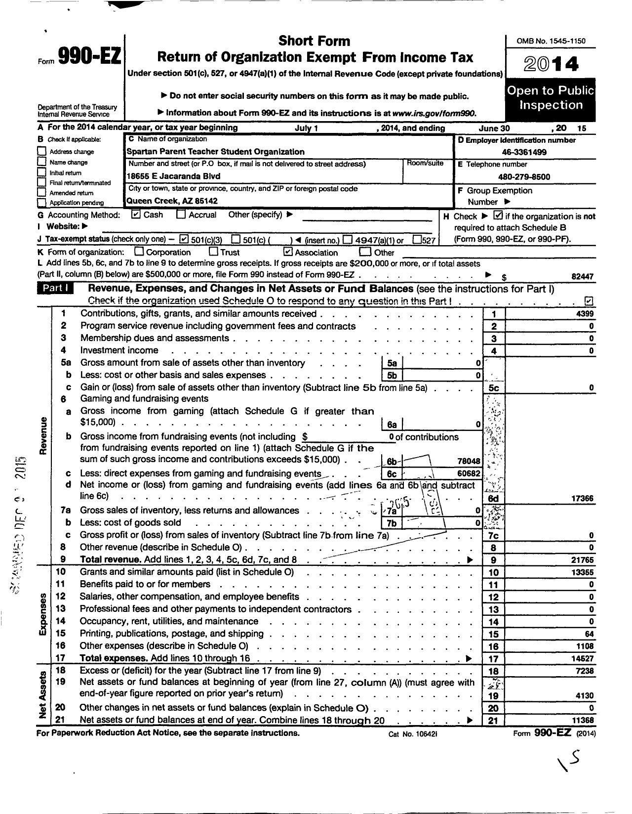 Image of first page of 2014 Form 990EZ for Spartan Parent Teacher Student Organization