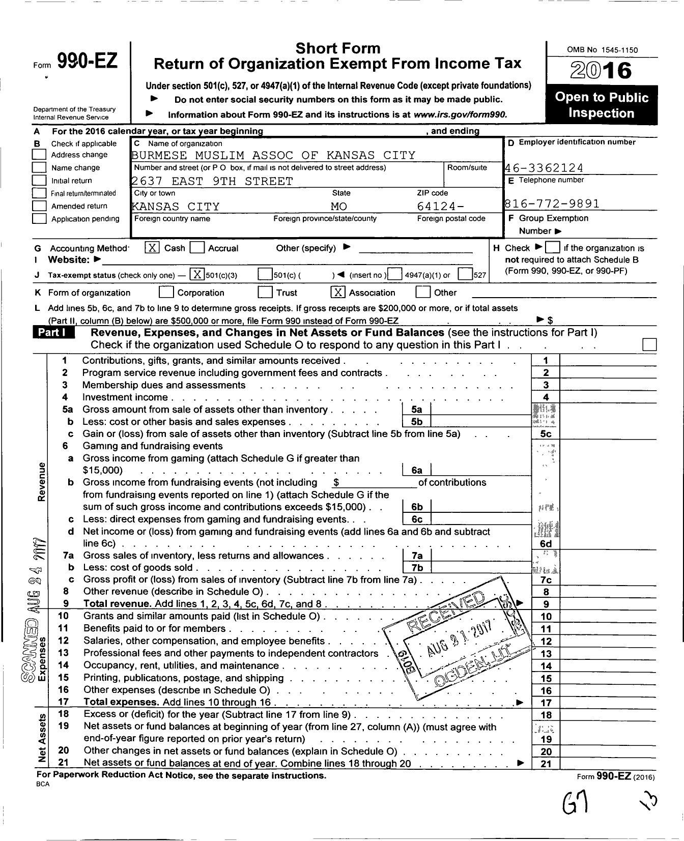 Image of first page of 2016 Form 990EZ for Burmese Muslim Association of Kansas City