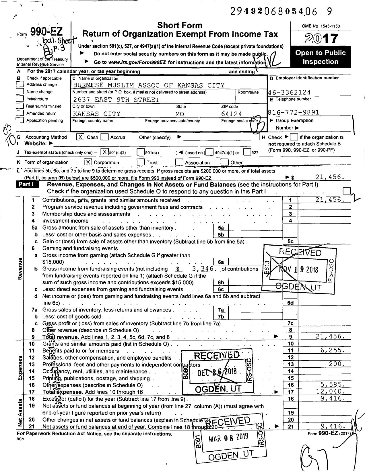 Image of first page of 2017 Form 990EZ for Burmese Muslim Association of Kansas City