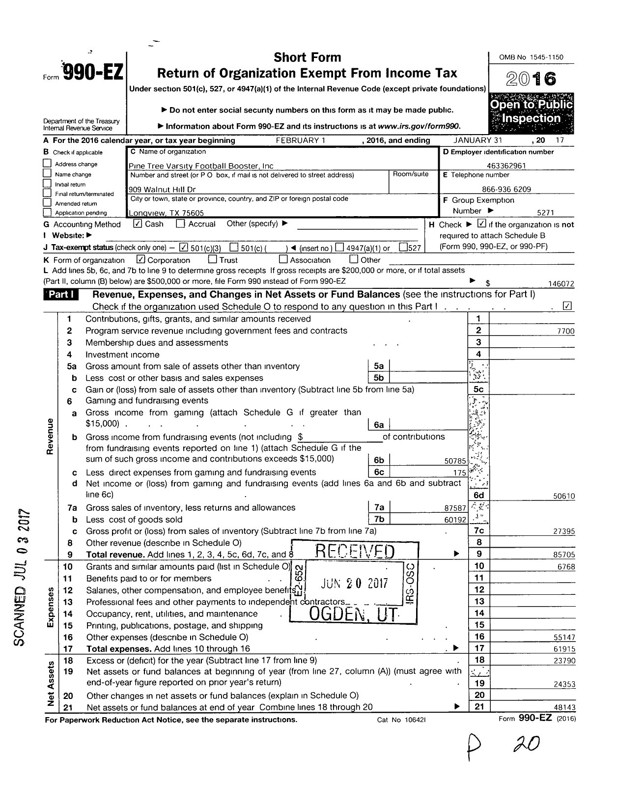 Image of first page of 2016 Form 990EZ for Pine Tree Varsity Football Boosters