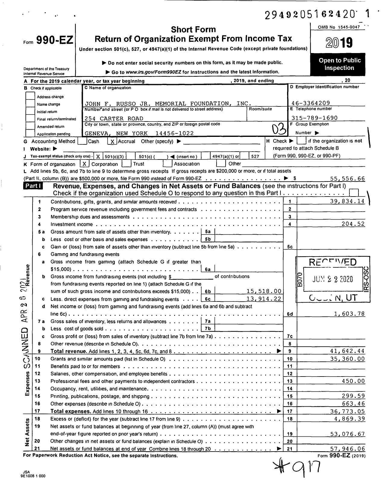 Image of first page of 2019 Form 990EZ for John F Russo JR Memorial Foundation