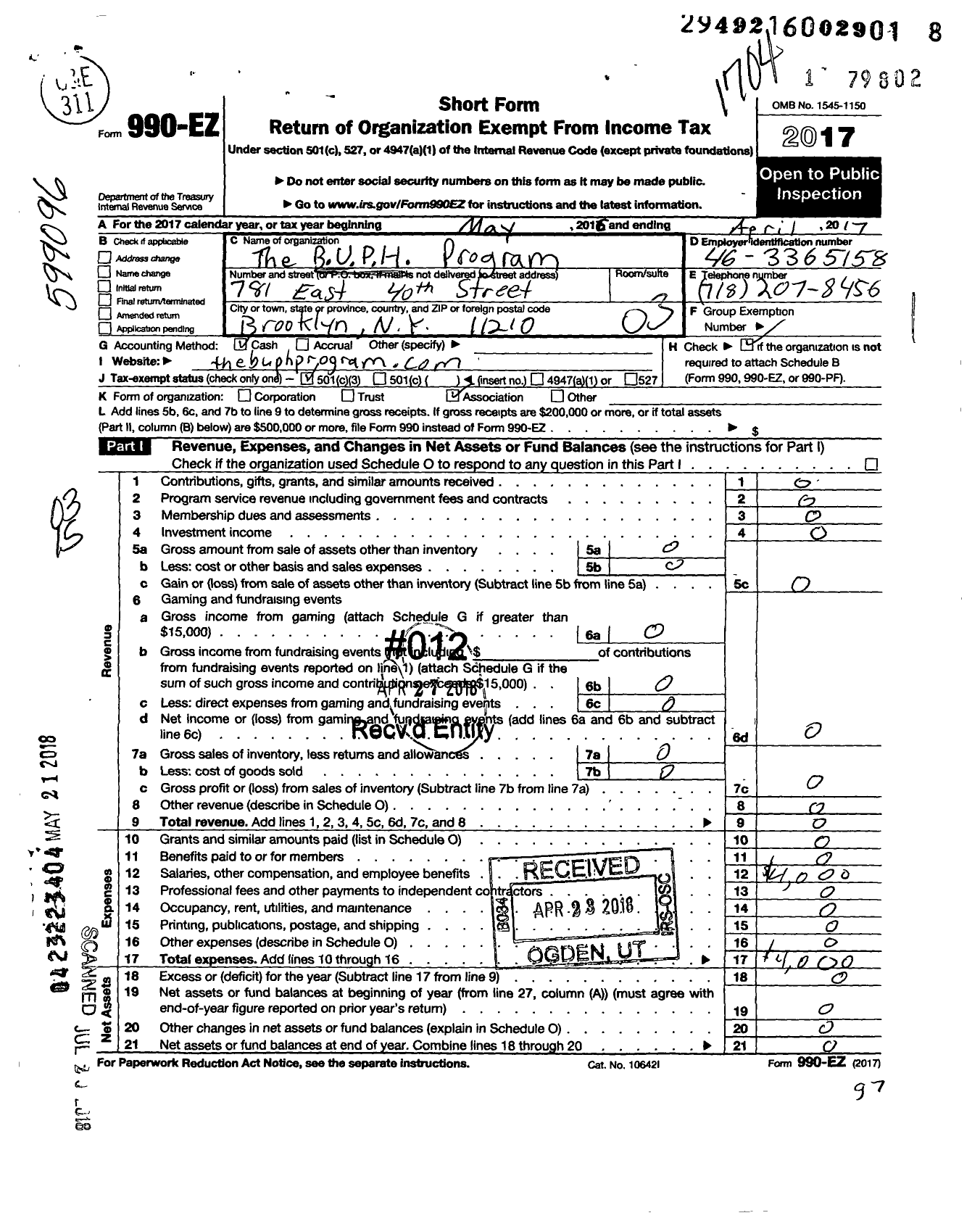 Image of first page of 2016 Form 990EZ for Buph Program