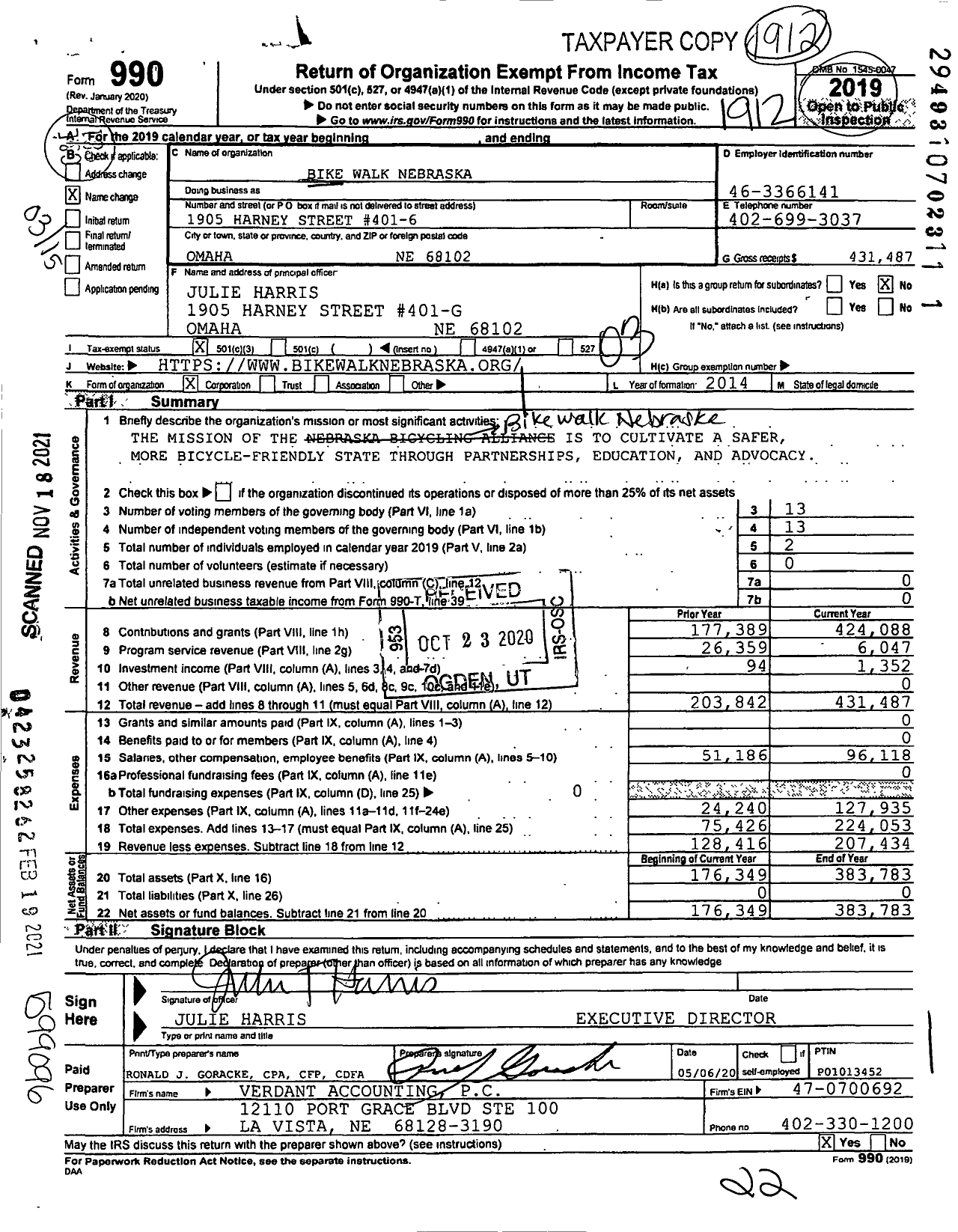 Image of first page of 2019 Form 990 for Bike Walk Nebraska