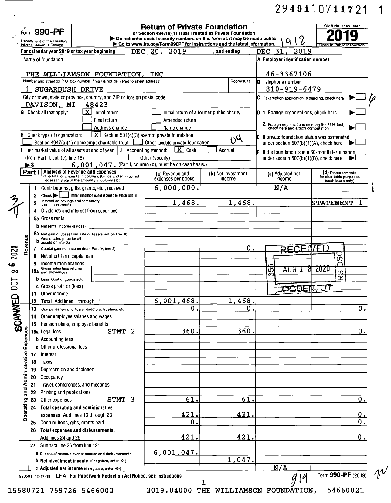 Image of first page of 2019 Form 990PF for The Williamson Foundation