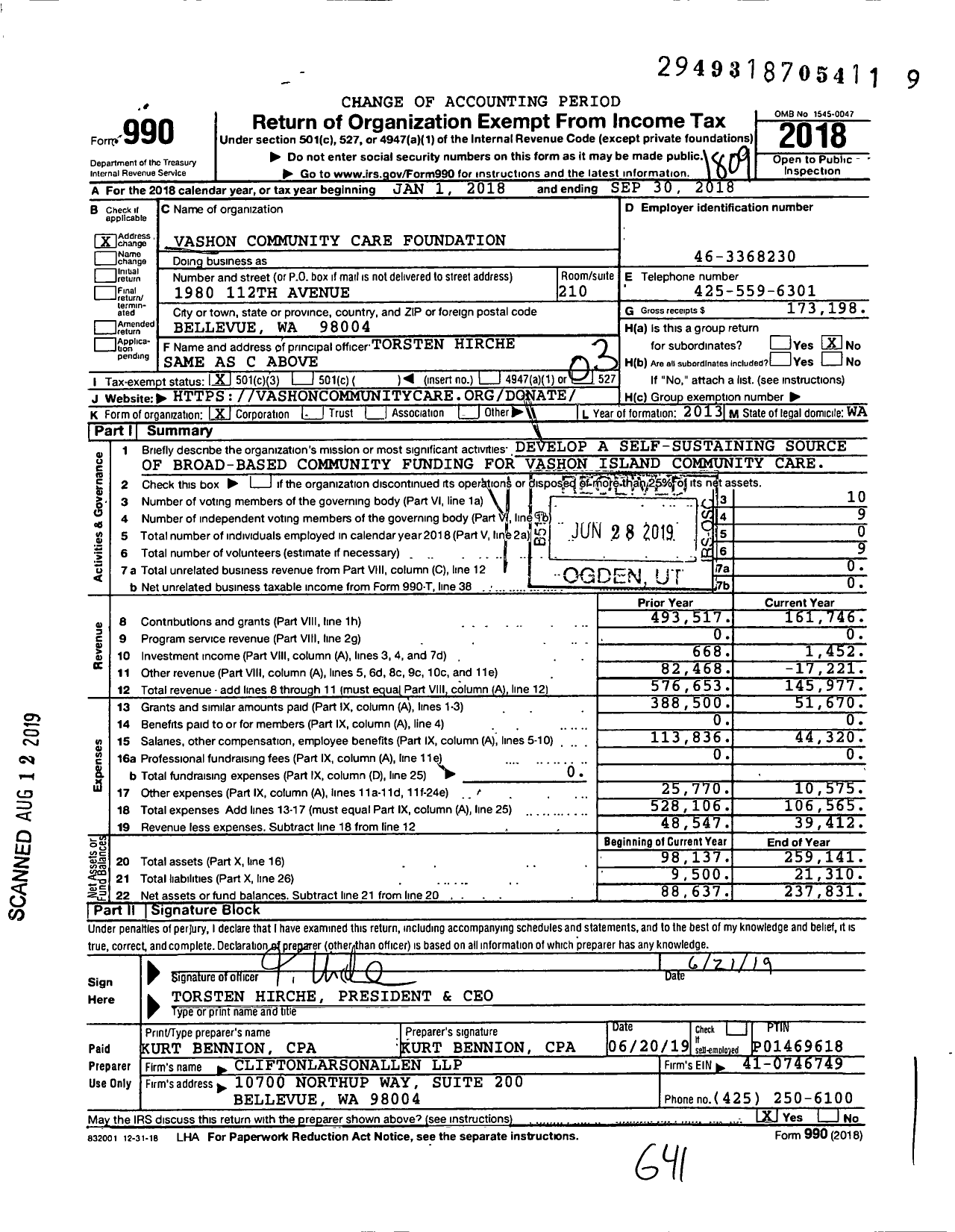 Image of first page of 2017 Form 990 for Vashon Community Care Foundation