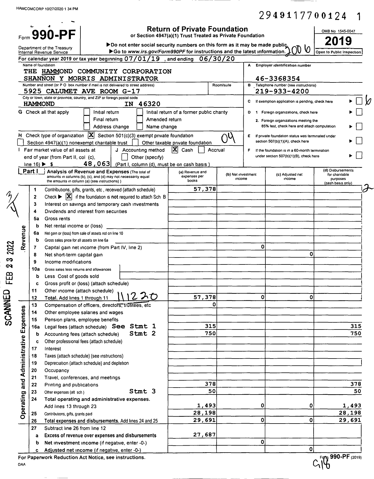 Image of first page of 2019 Form 990PF for The Hammond Community Corporation