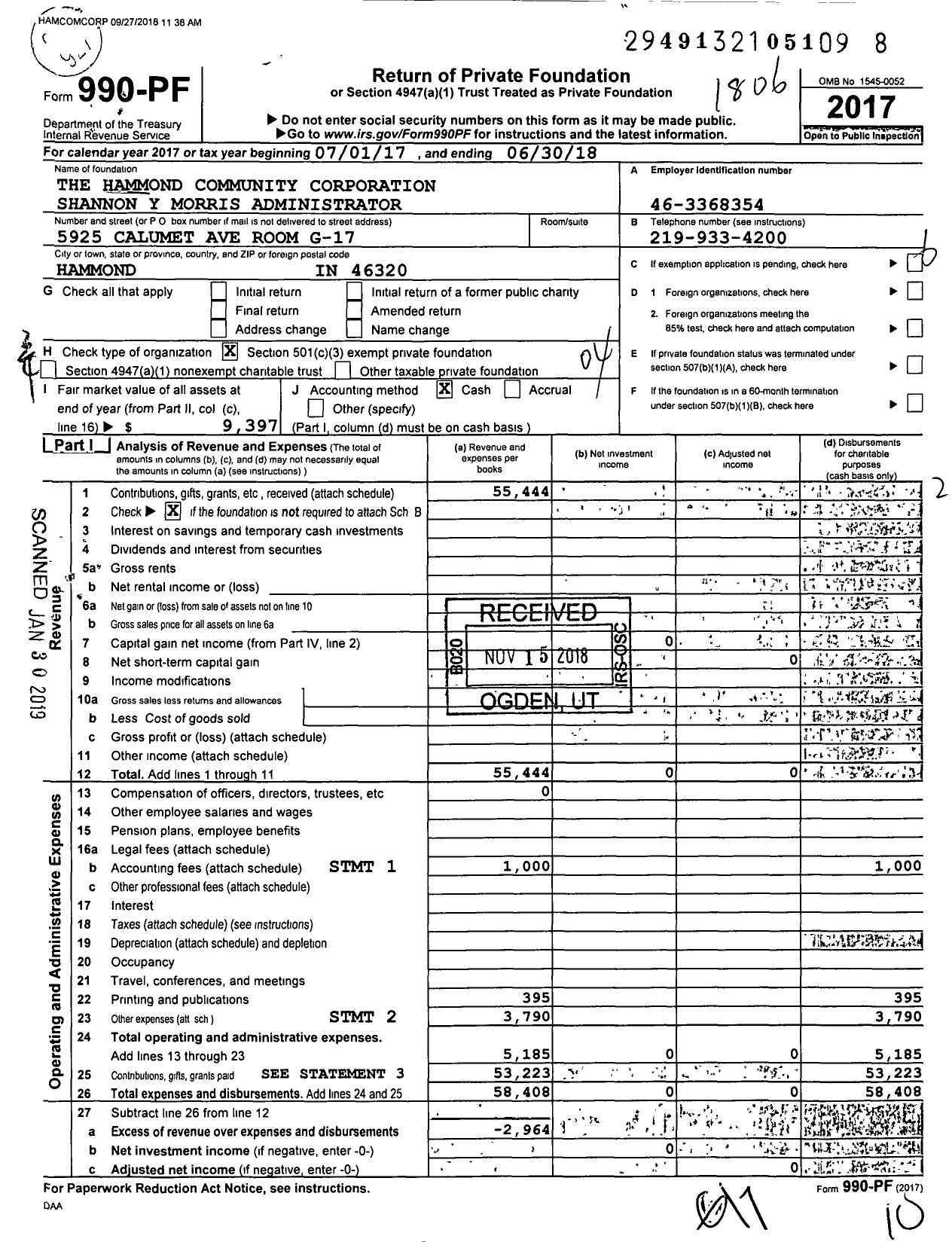Image of first page of 2017 Form 990PF for The Hammond Community Corporation