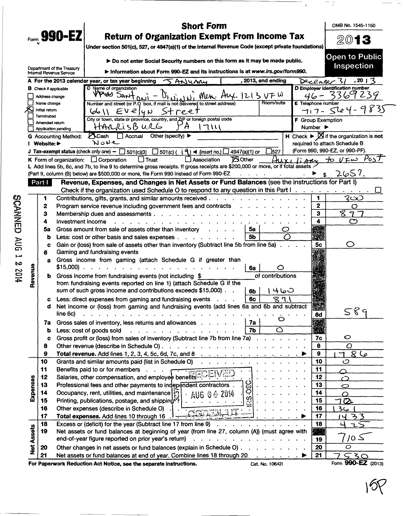 Image of first page of 2013 Form 990EO for Veterans of Foreign Wars of the United States Auxiliary Dept of Pa - 1213 Santoni Dininni Memorial Auxil