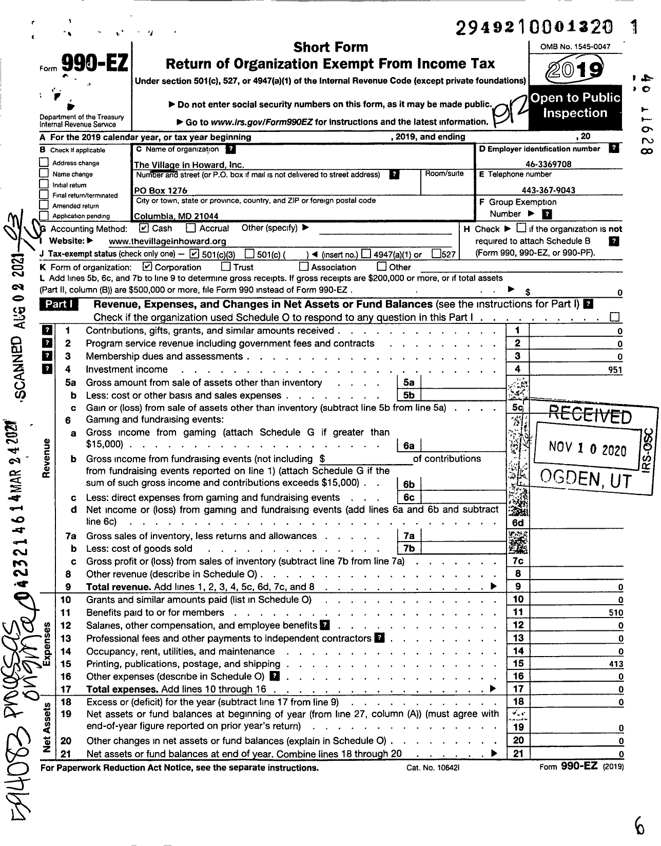 Image of first page of 2019 Form 990EZ for The Village in Howard