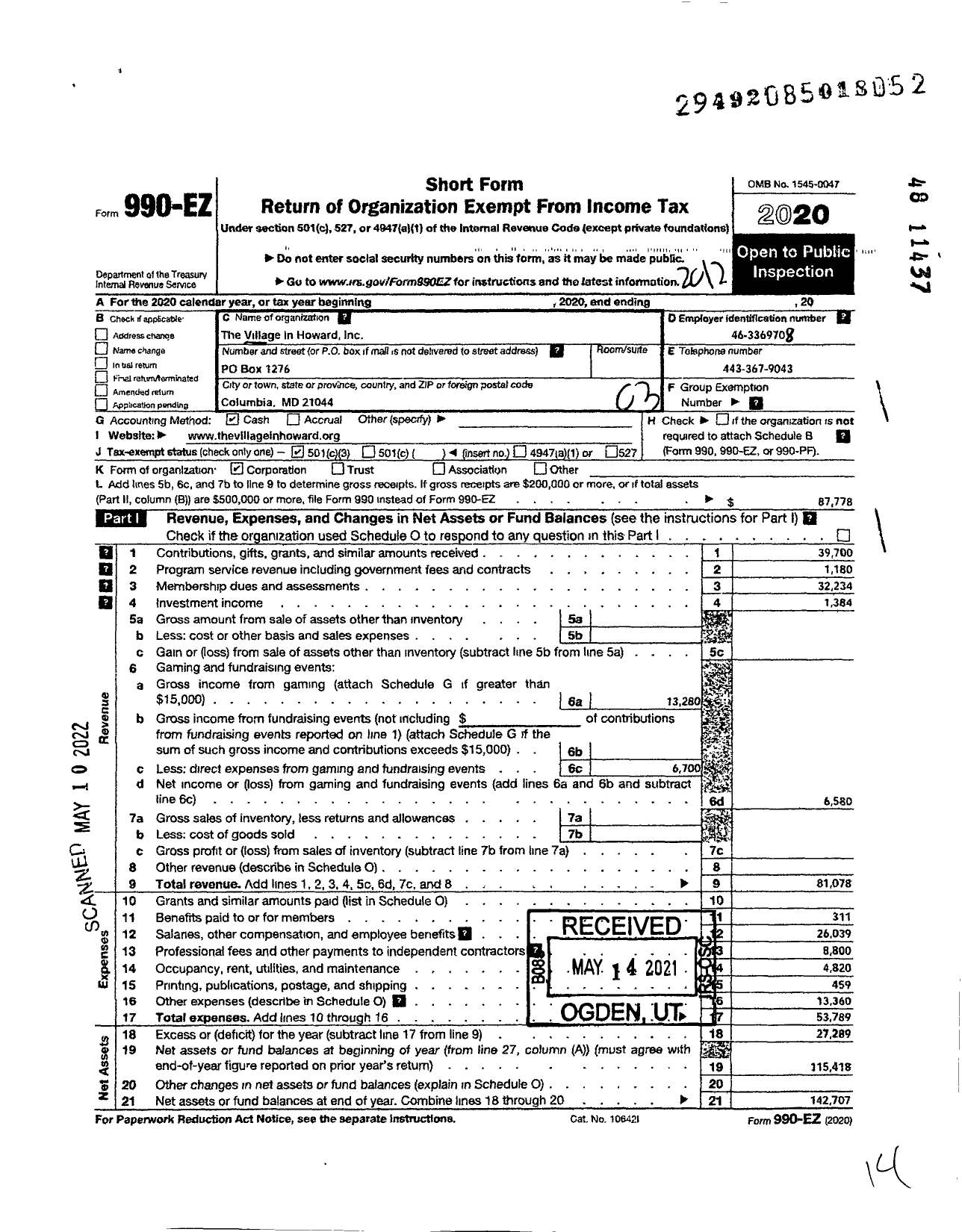 Image of first page of 2020 Form 990EZ for The Village in Howard