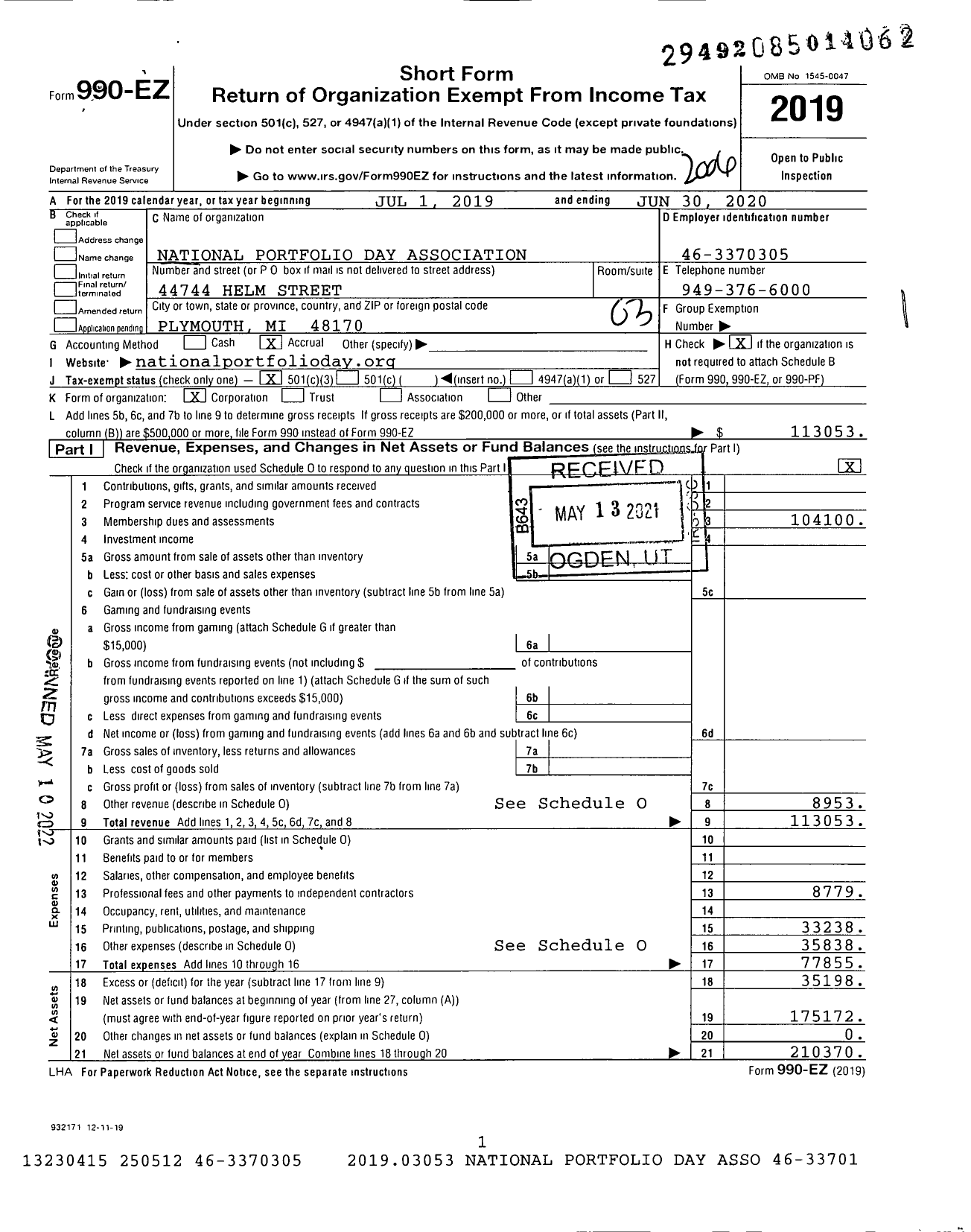 Image of first page of 2019 Form 990EZ for National Portfolio Day Association