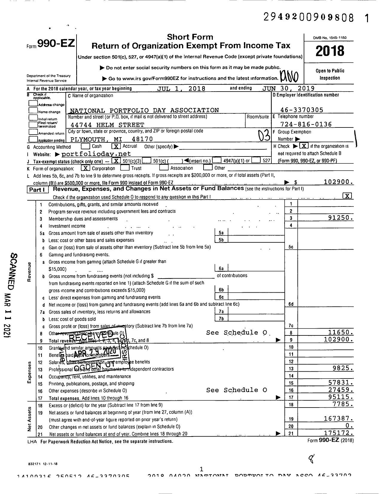 Image of first page of 2018 Form 990EZ for National Portfolio Day Association