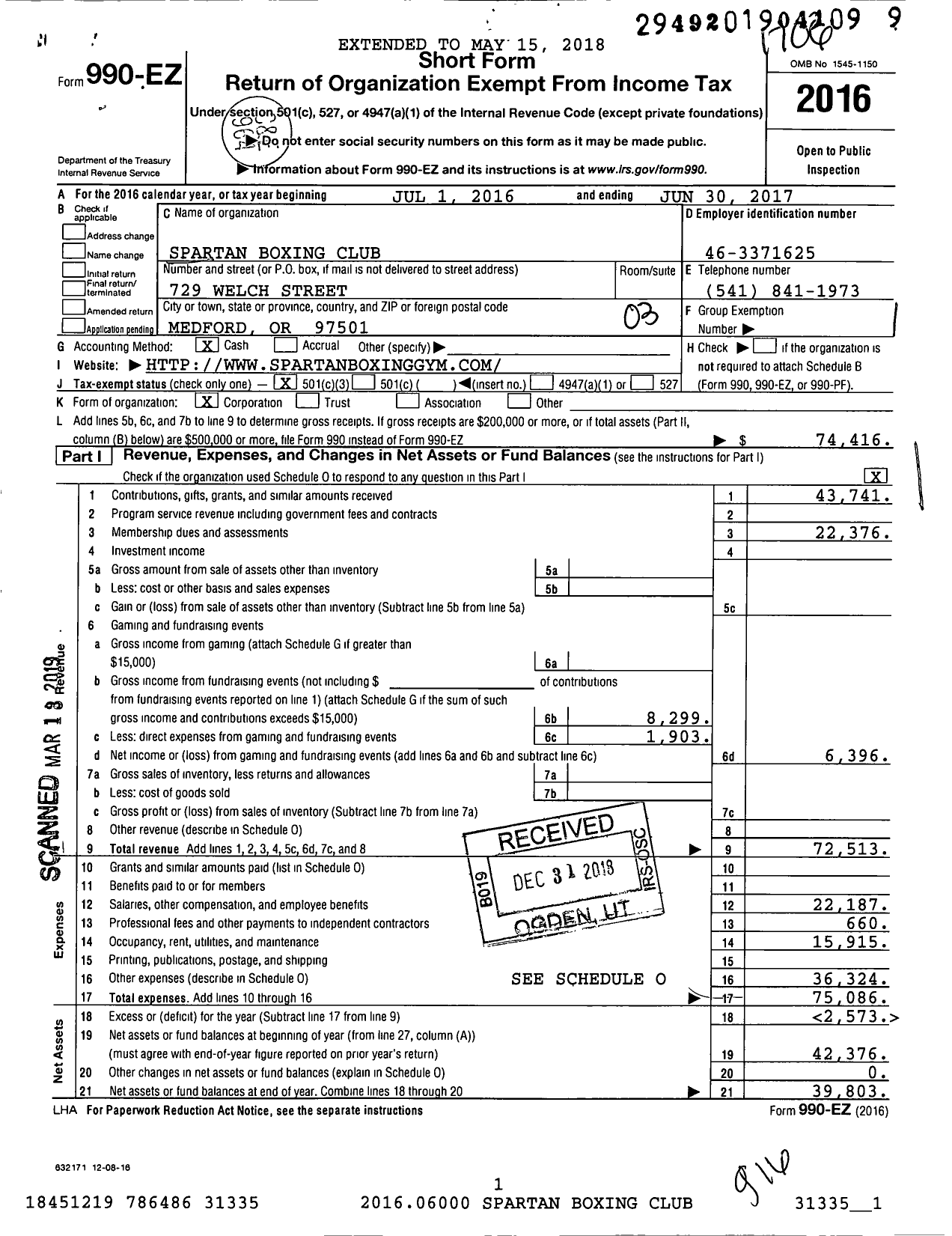 Image of first page of 2016 Form 990EZ for Spartan Boxing Club