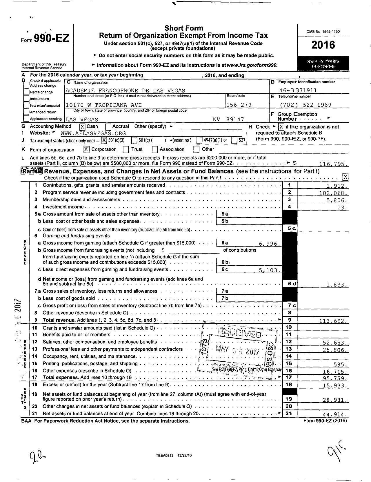 Image of first page of 2016 Form 990EZ for Alliance Francaise de Las Vegas