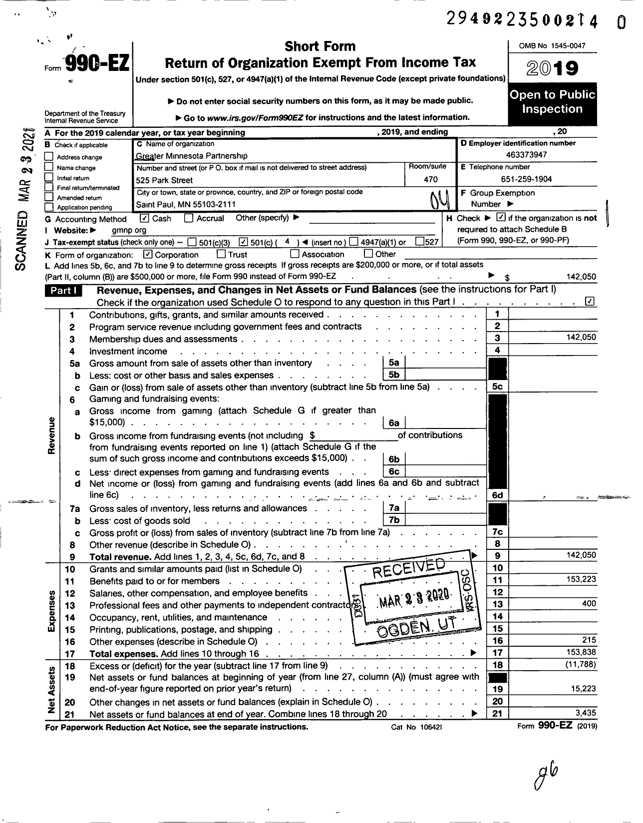 Image of first page of 2019 Form 990EO for Greater Minnesota Partnership