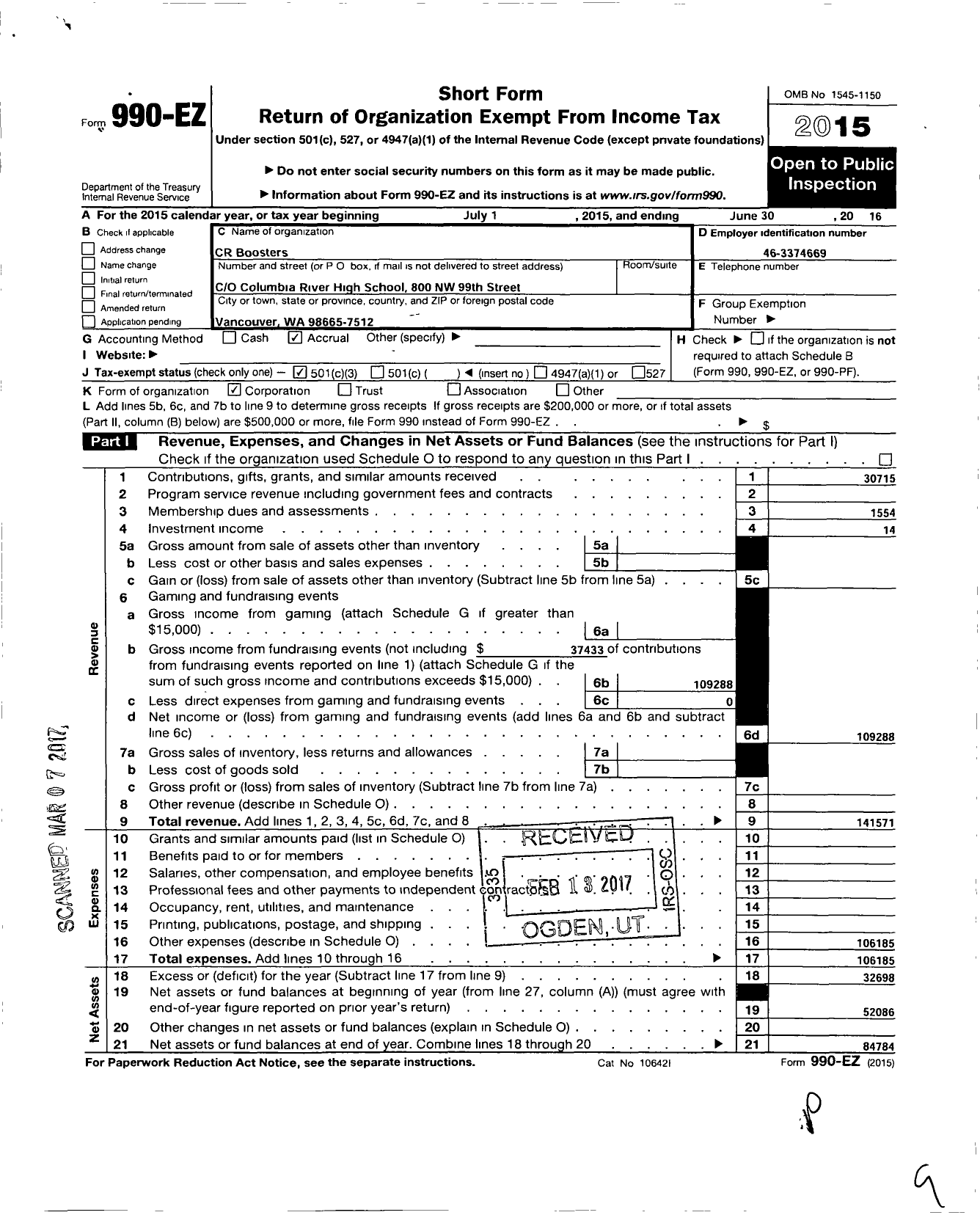 Image of first page of 2015 Form 990EZ for CR Boosters