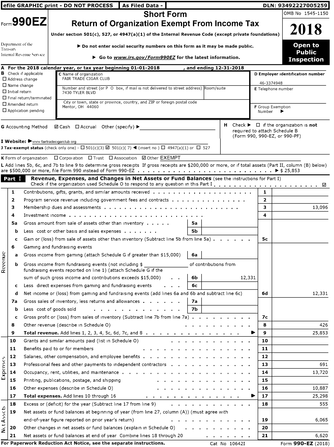 Image of first page of 2018 Form 990EO for Fair Trade Cigar Club