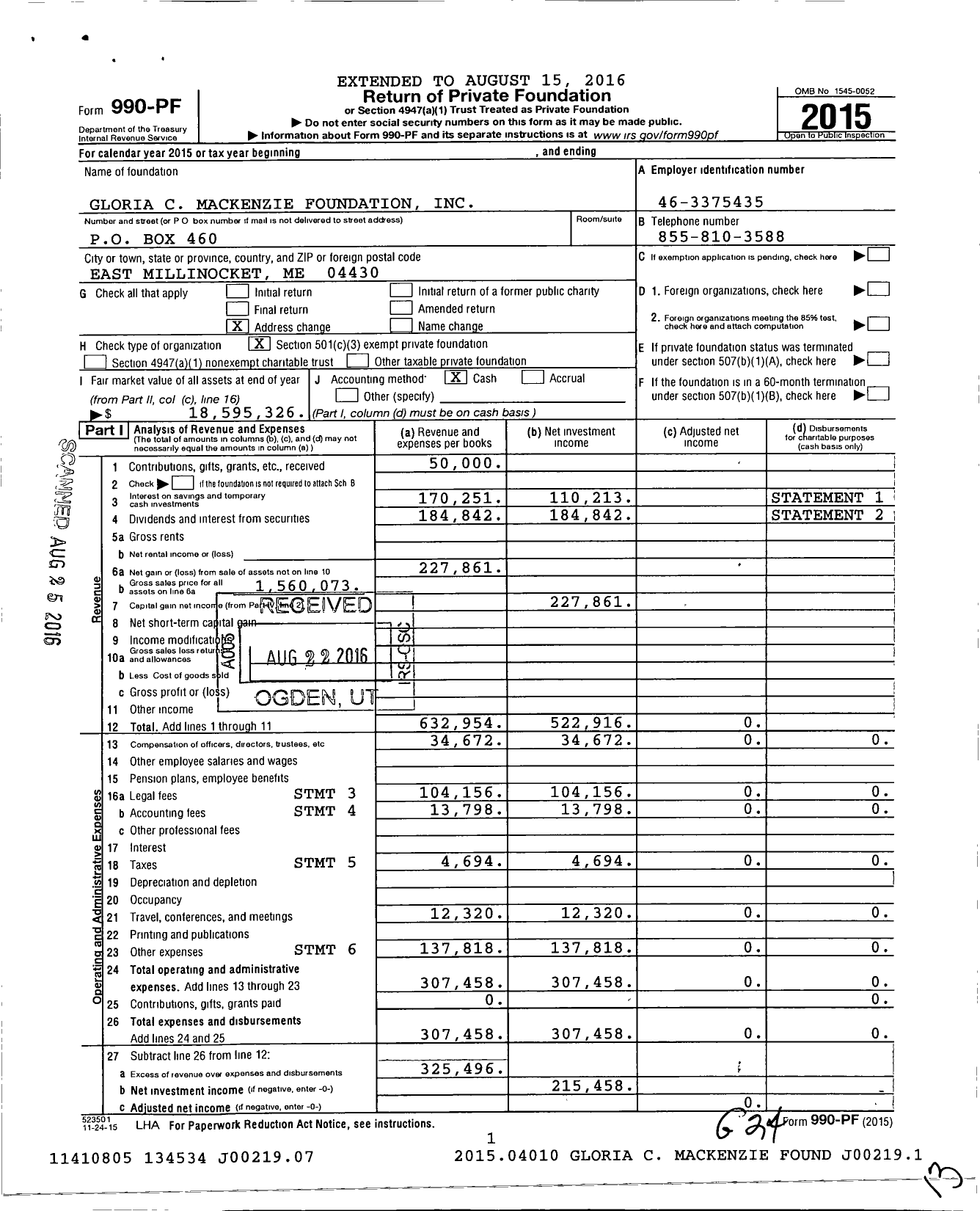 Image of first page of 2015 Form 990PF for Gloria C MacKenzie Foundation