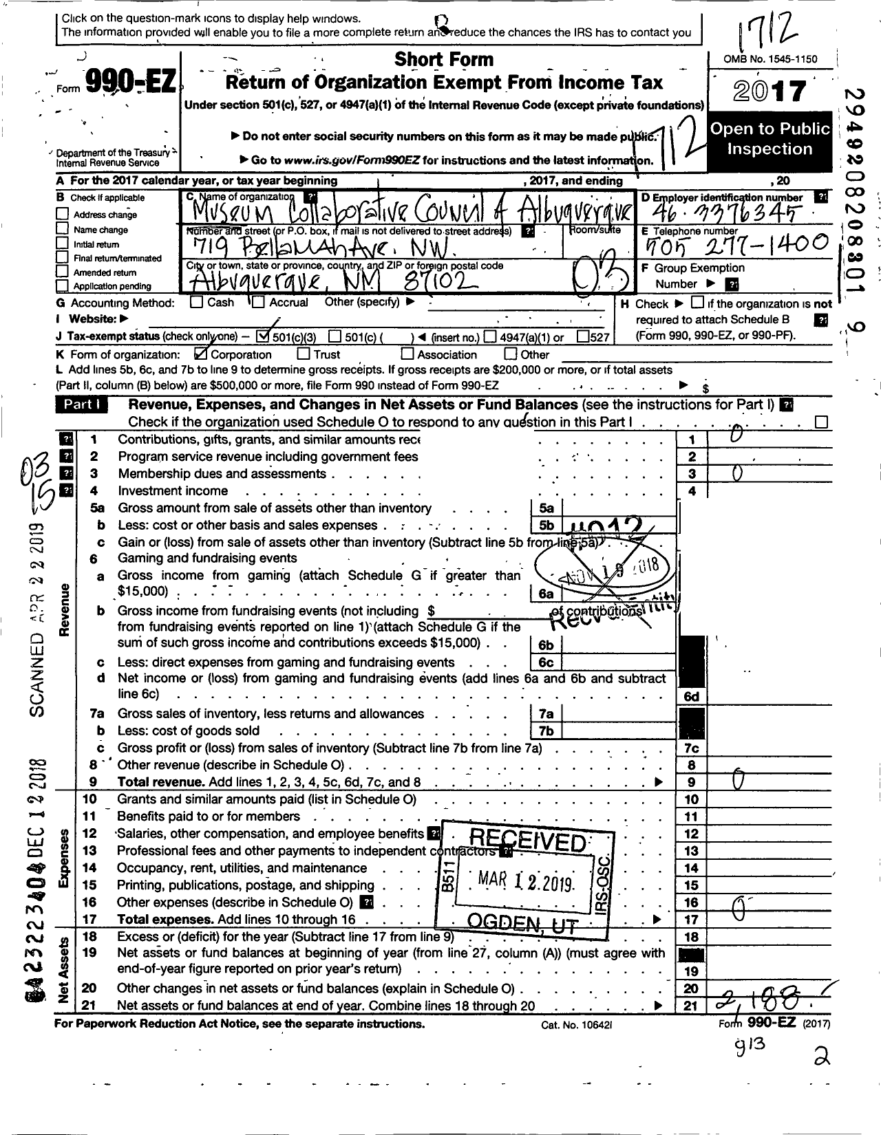 Image of first page of 2017 Form 990EZ for Museum Collaborative Council of Albuquequerque