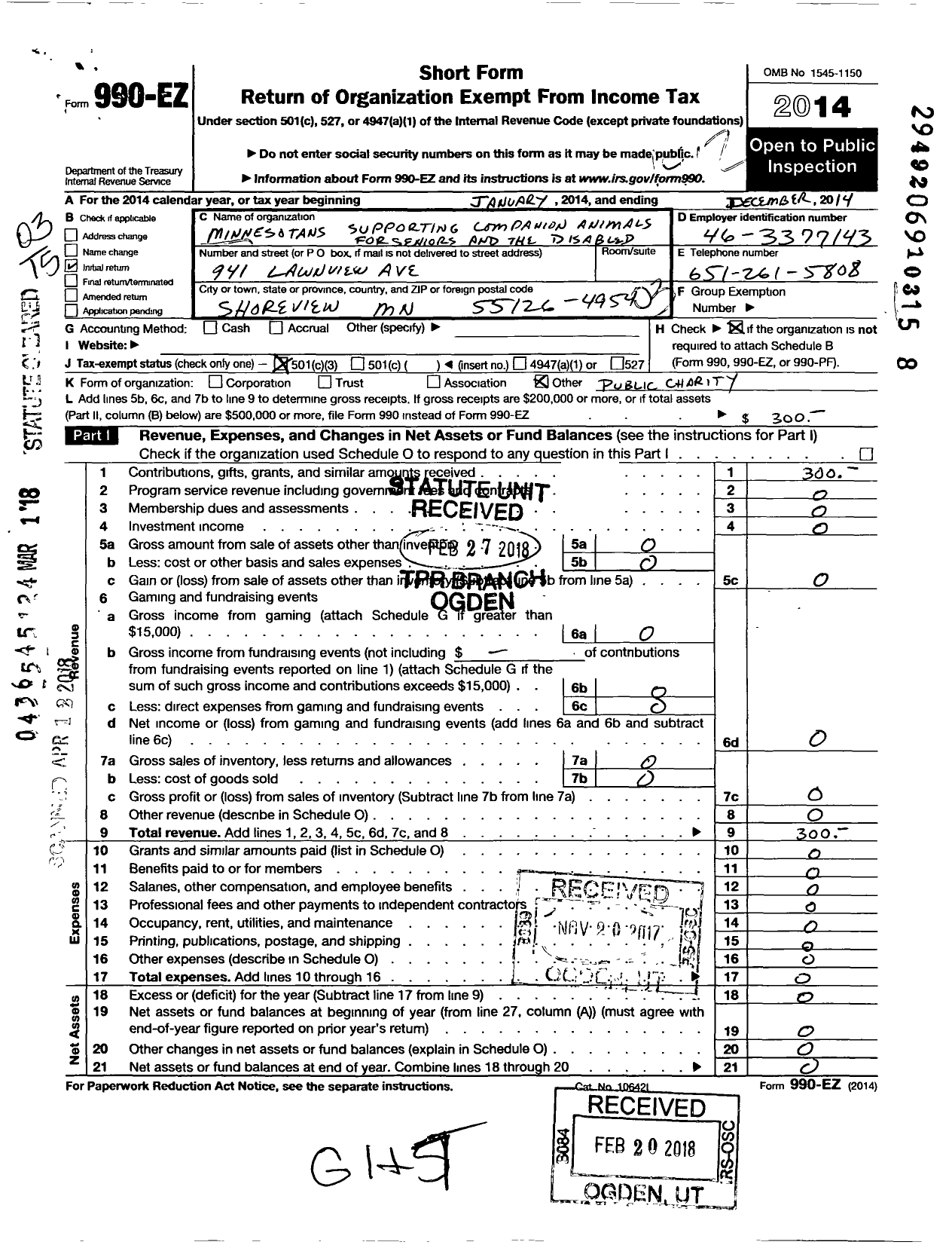 Image of first page of 2014 Form 990EZ for Minnesotans Supporting Companion Animals for Seniors and the Disabled