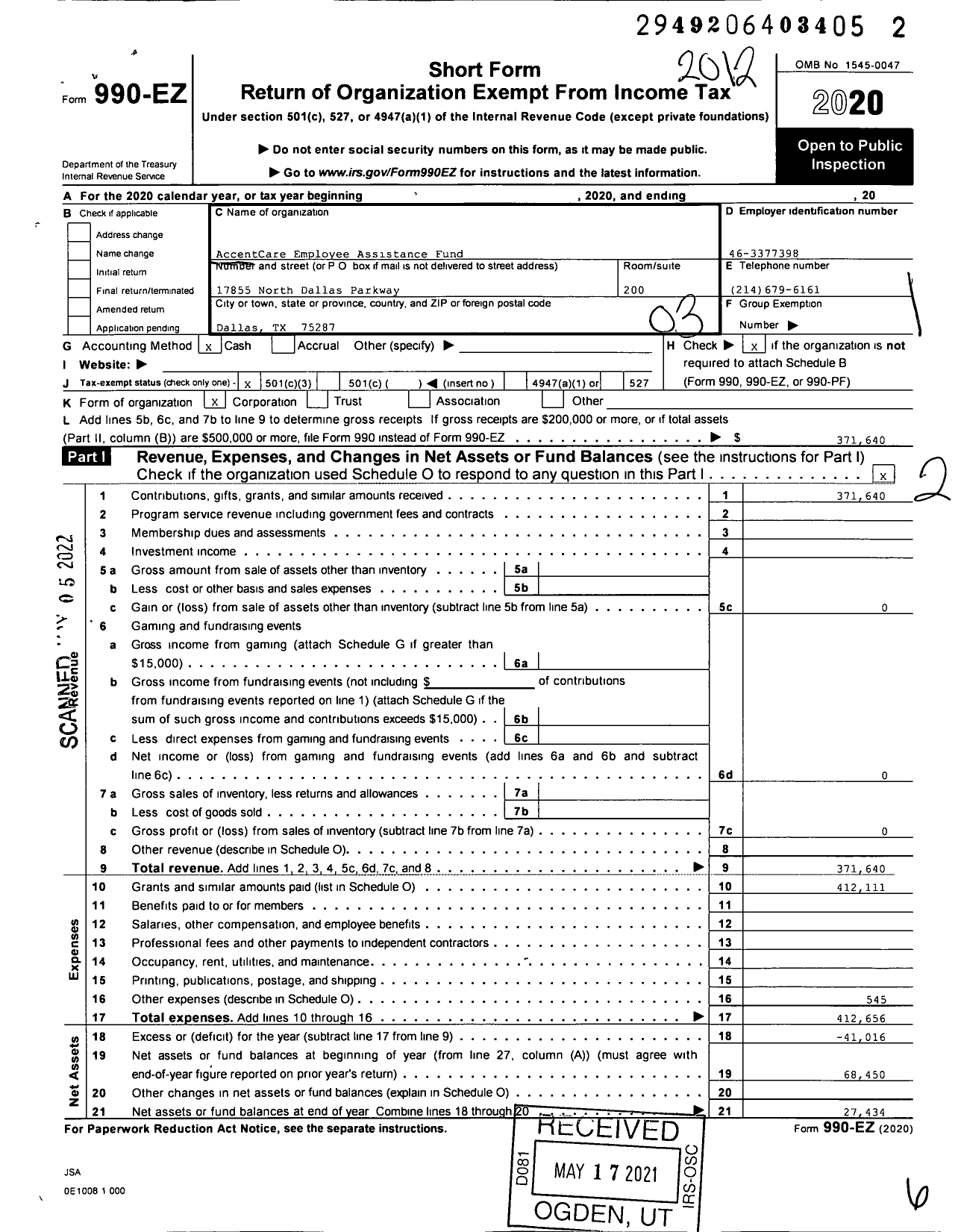 Image of first page of 2020 Form 990EZ for Accentcare Employee Assistance Fund