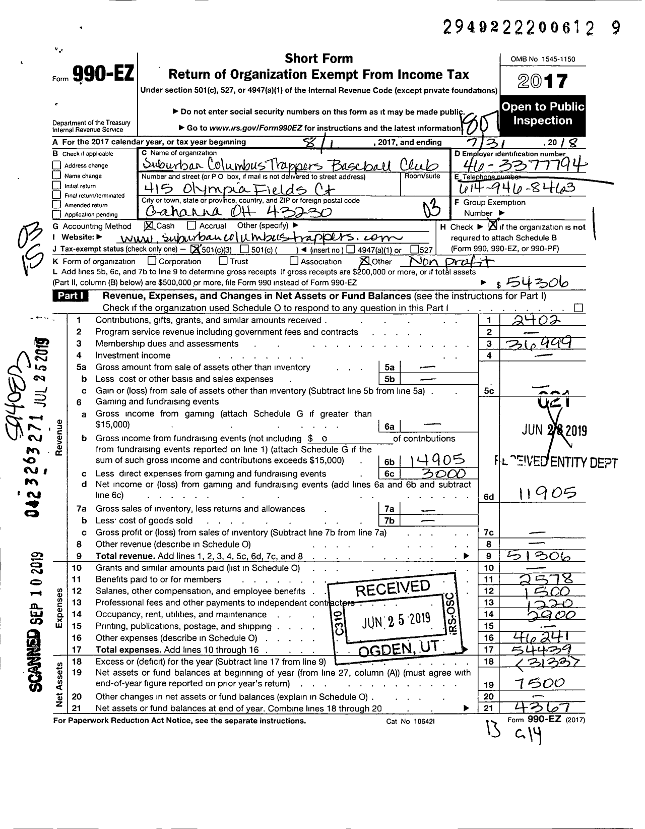 Image of first page of 2017 Form 990EZ for Suburban Columbus Trappers Baseball Club