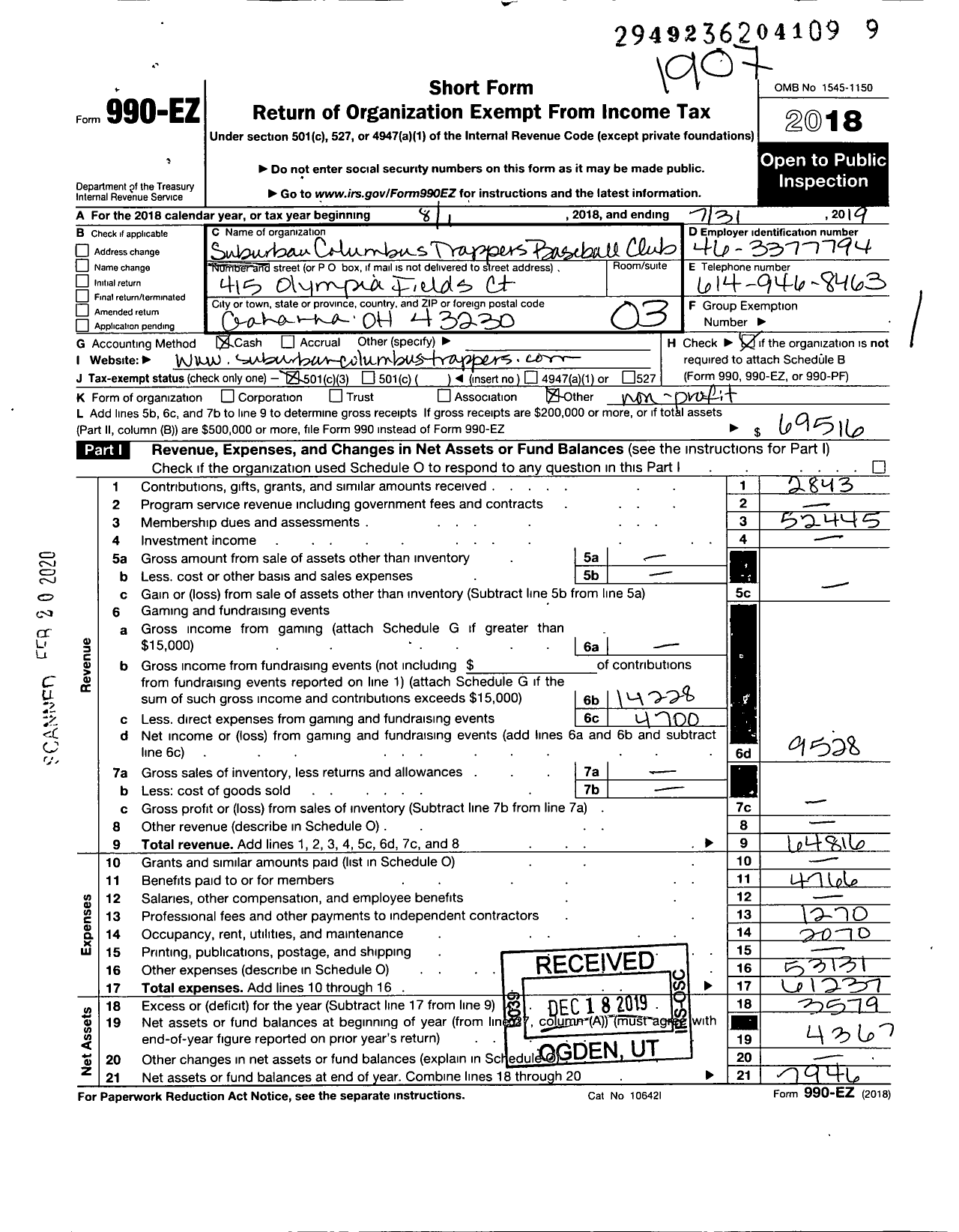 Image of first page of 2018 Form 990EZ for Suburban Columbus Trappers Baseball Club