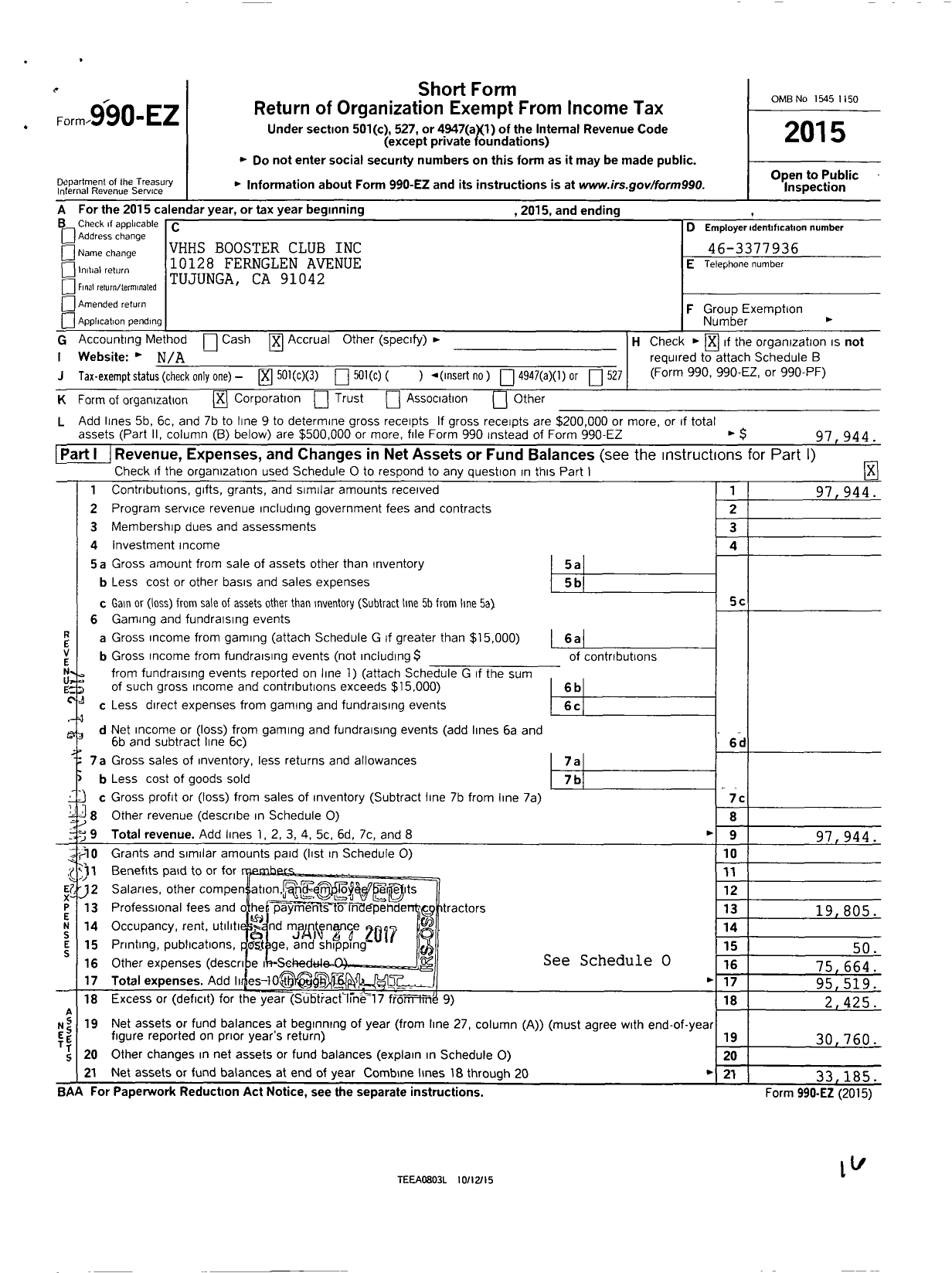 Image of first page of 2015 Form 990EZ for VHHS Booster Club