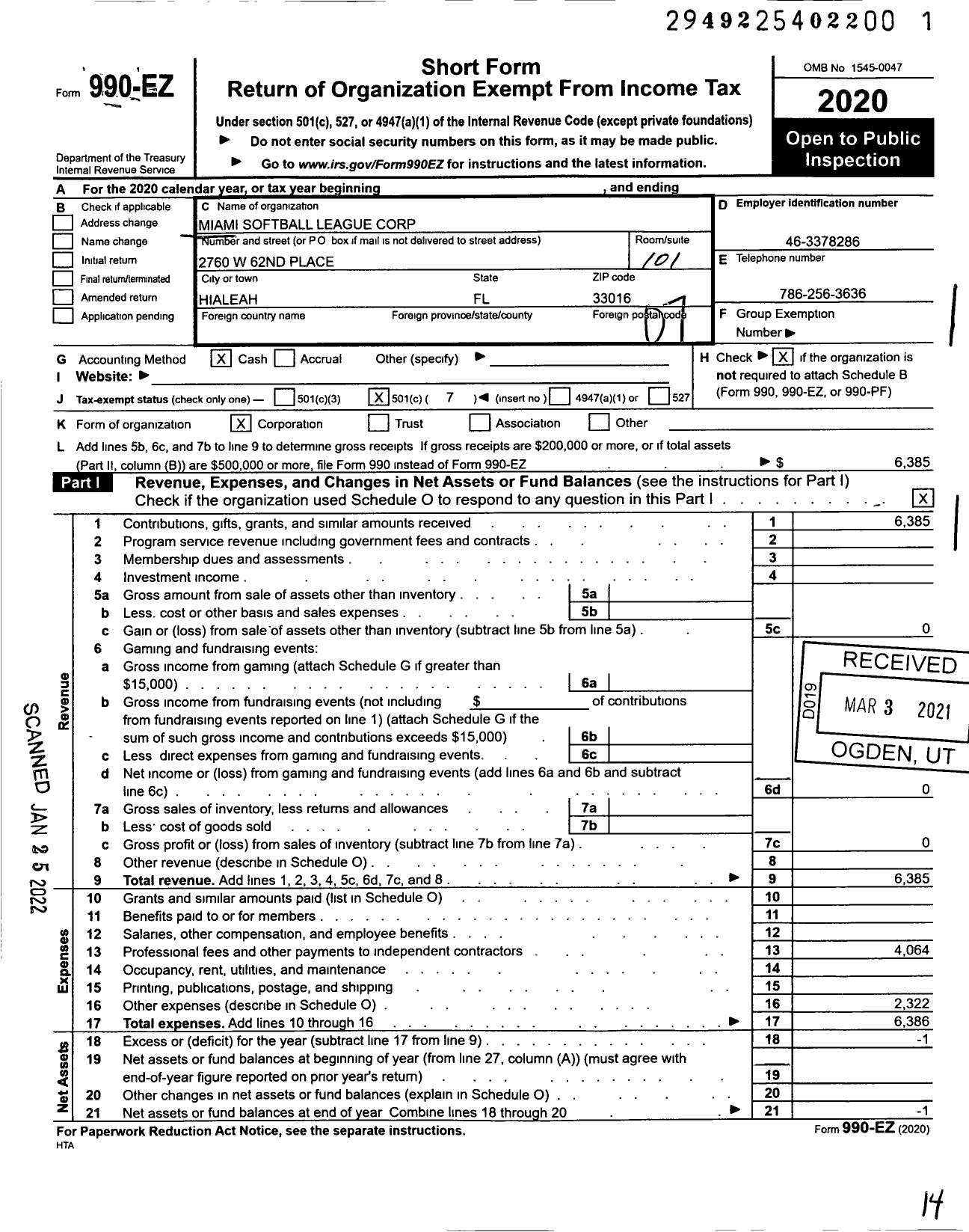 Image of first page of 2020 Form 990EO for Miami Softball League Corporation